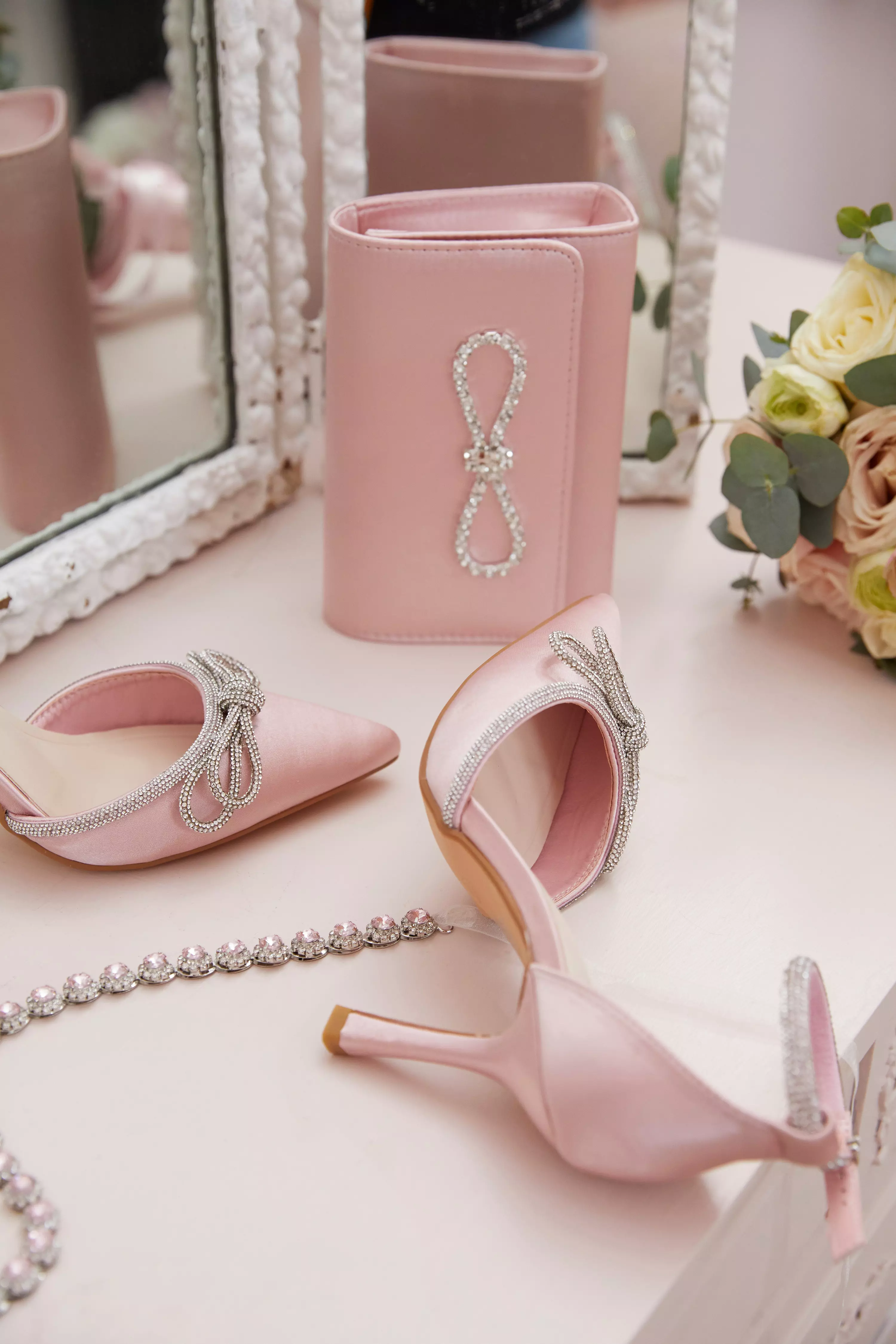 Pale Pink Diamante Bow Court Heels