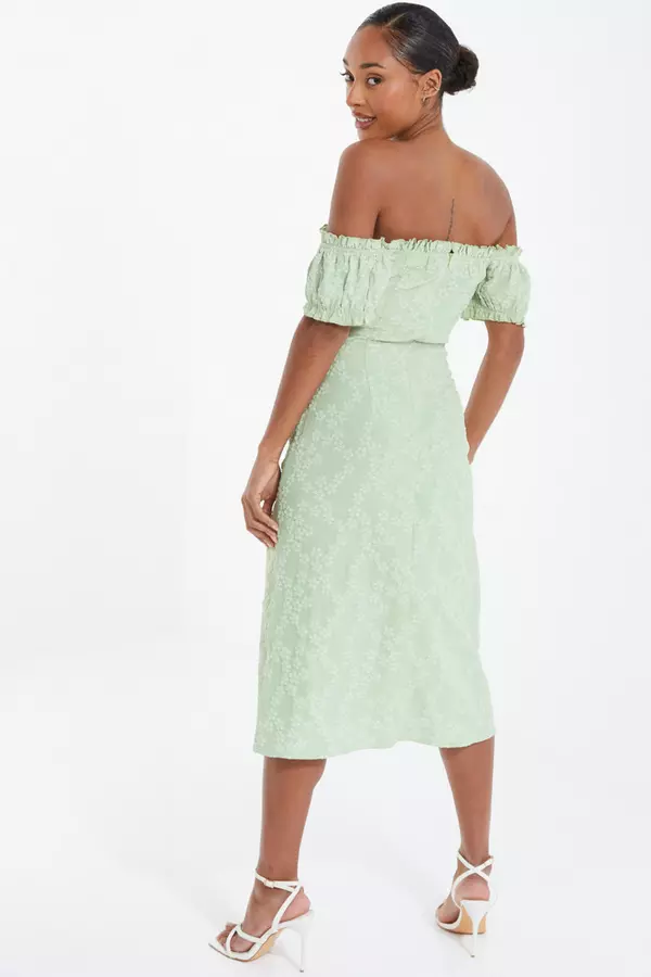 Sage Green Jacquard Bardot Midi Dress