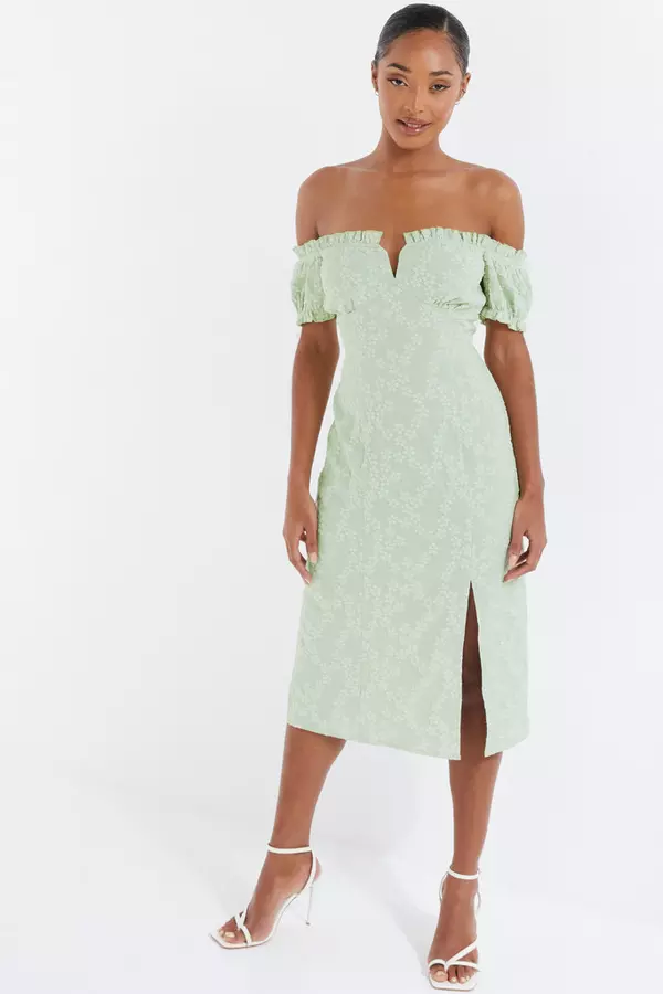 Sage Green Jacquard Bardot Midi Dress
