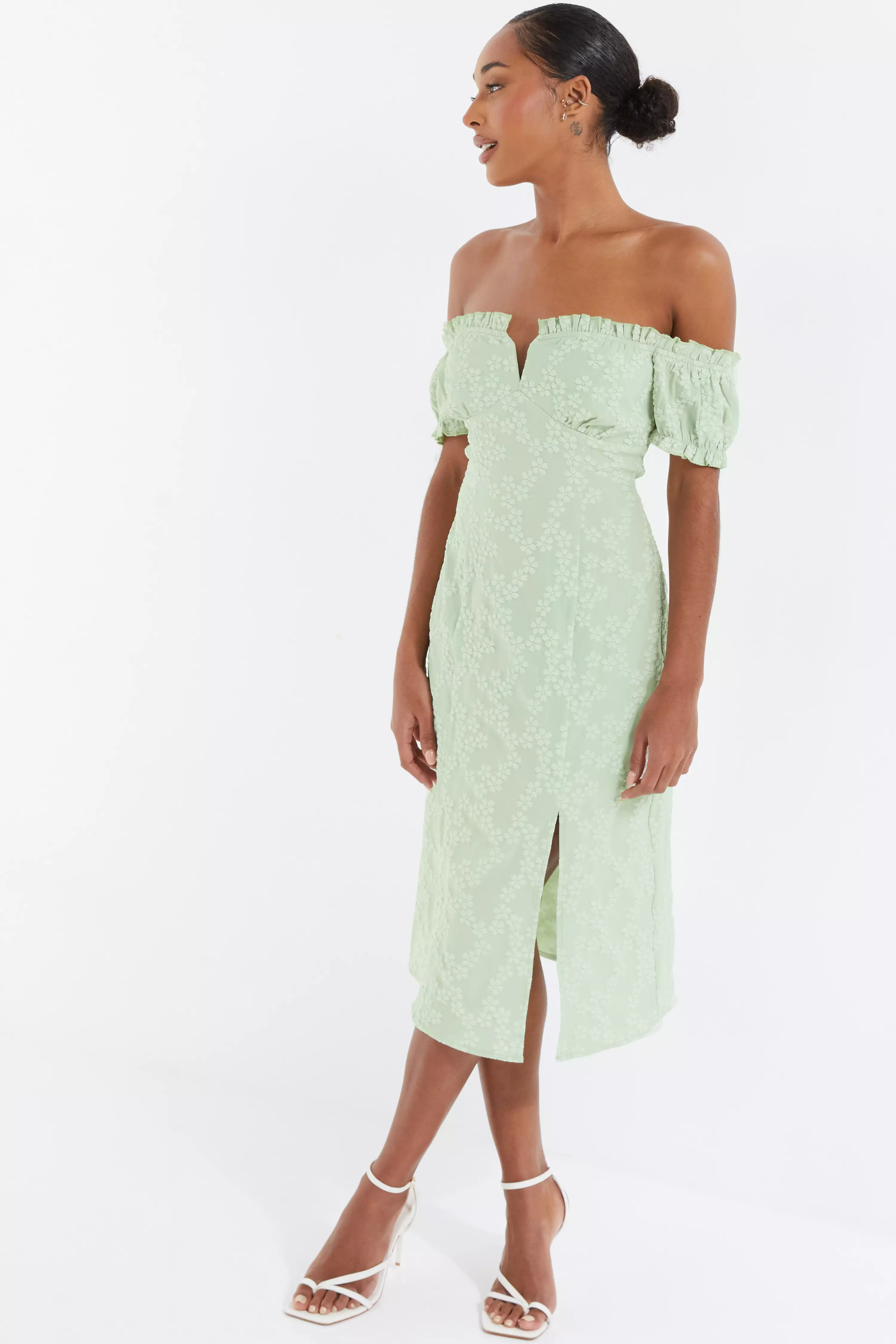 Sage Green Jacquard Bardot Midi Dress