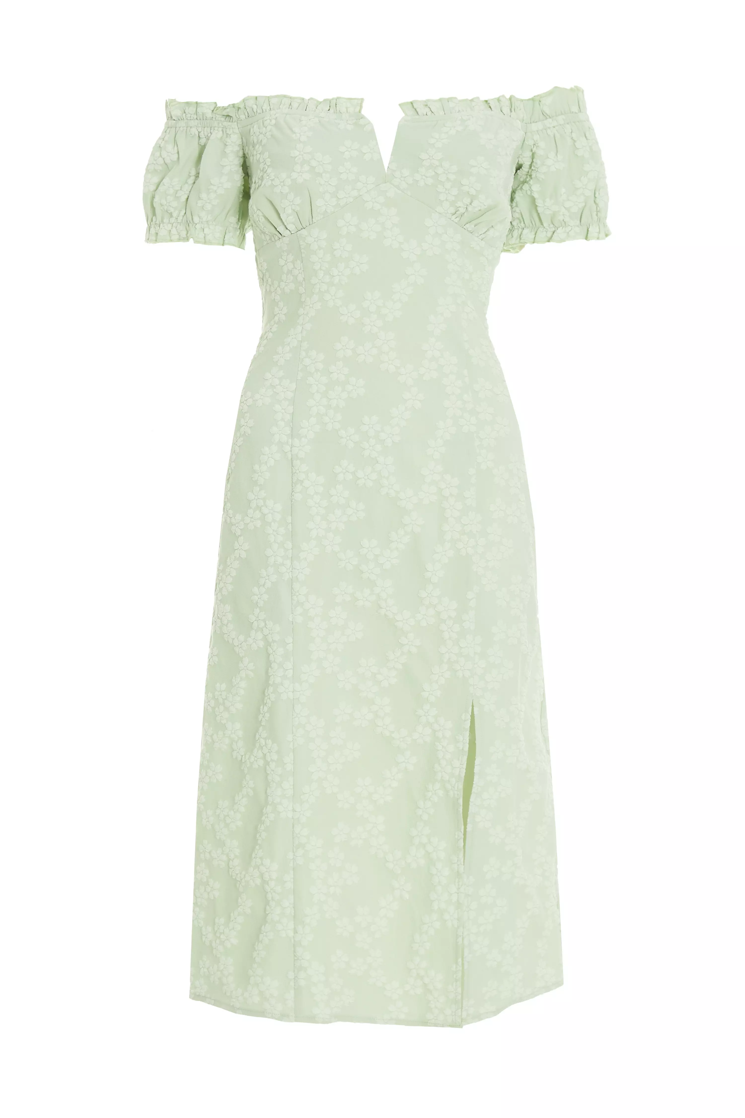 Sage Green Jacquard Bardot Midi Dress