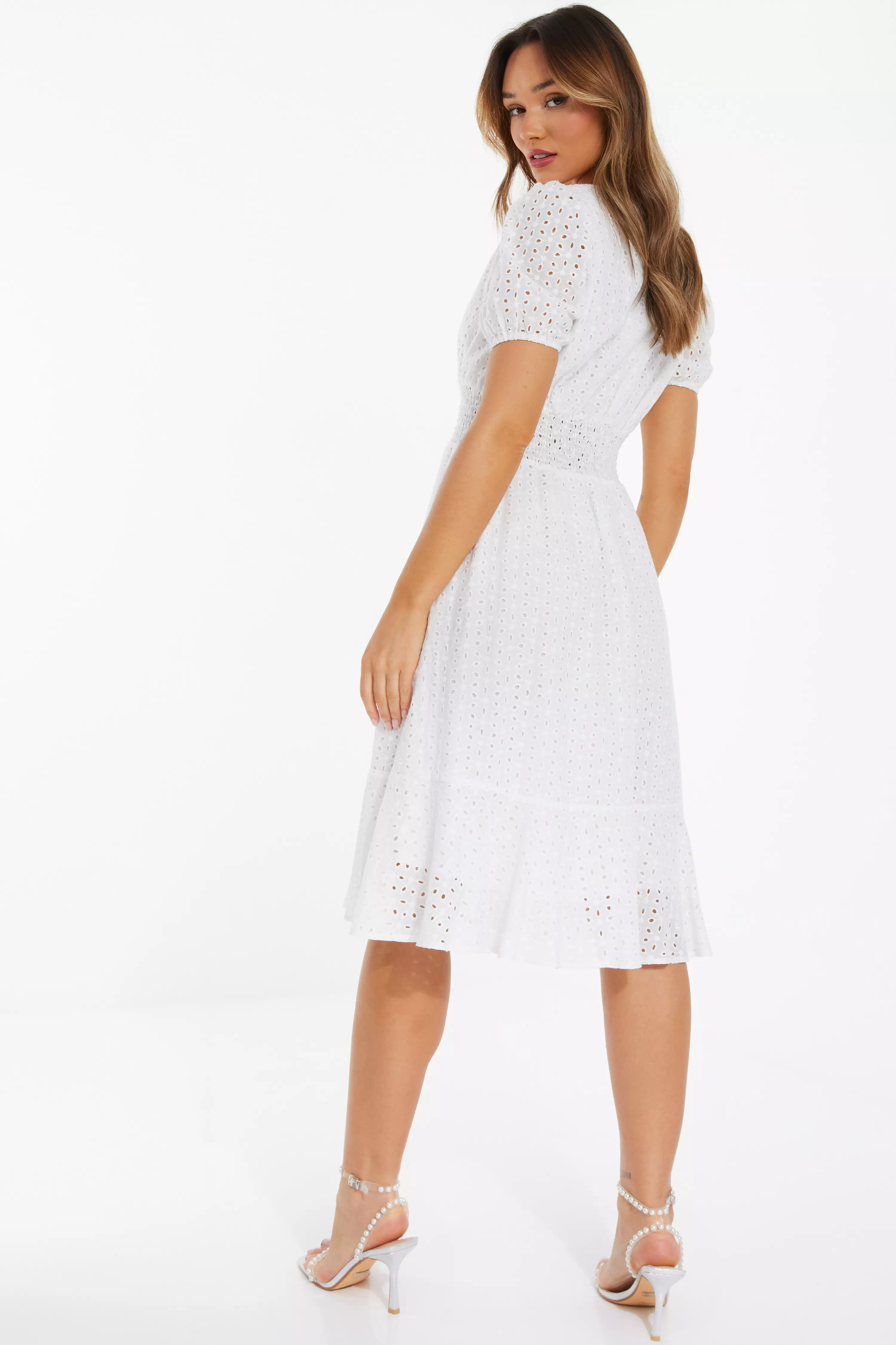 White Broderie Shirred Midi Dress