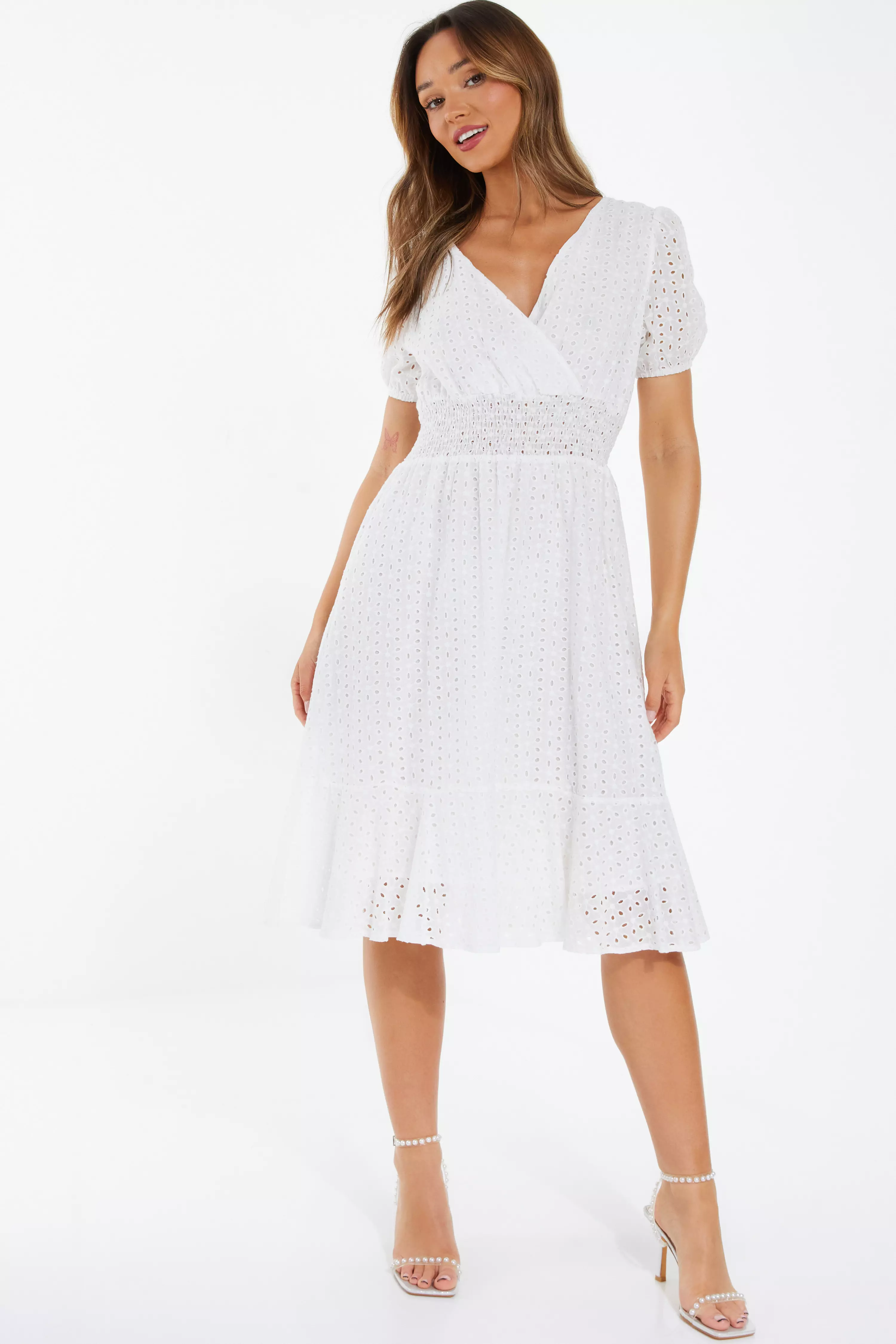 White Broderie Shirred Midi Dress