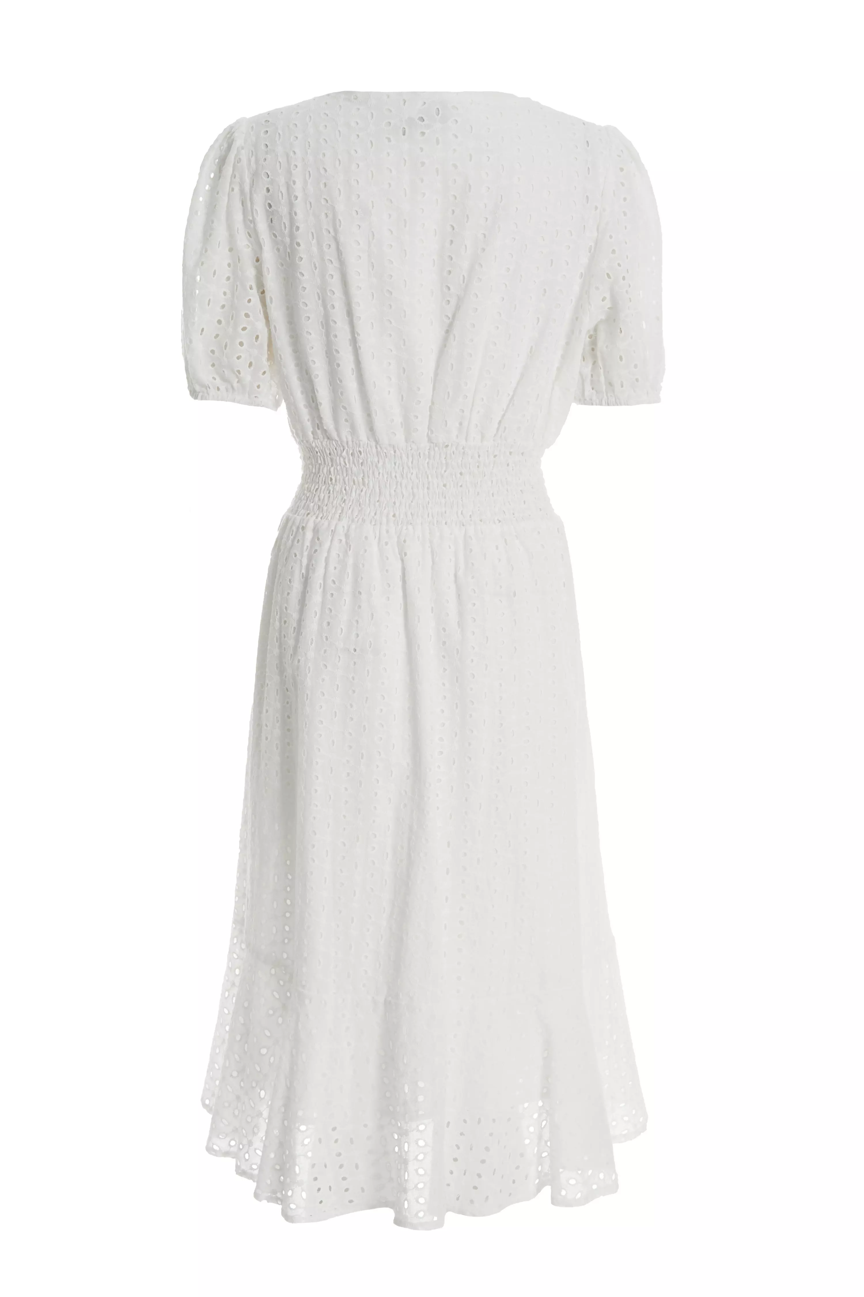 White Broderie Shirred Midi Dress