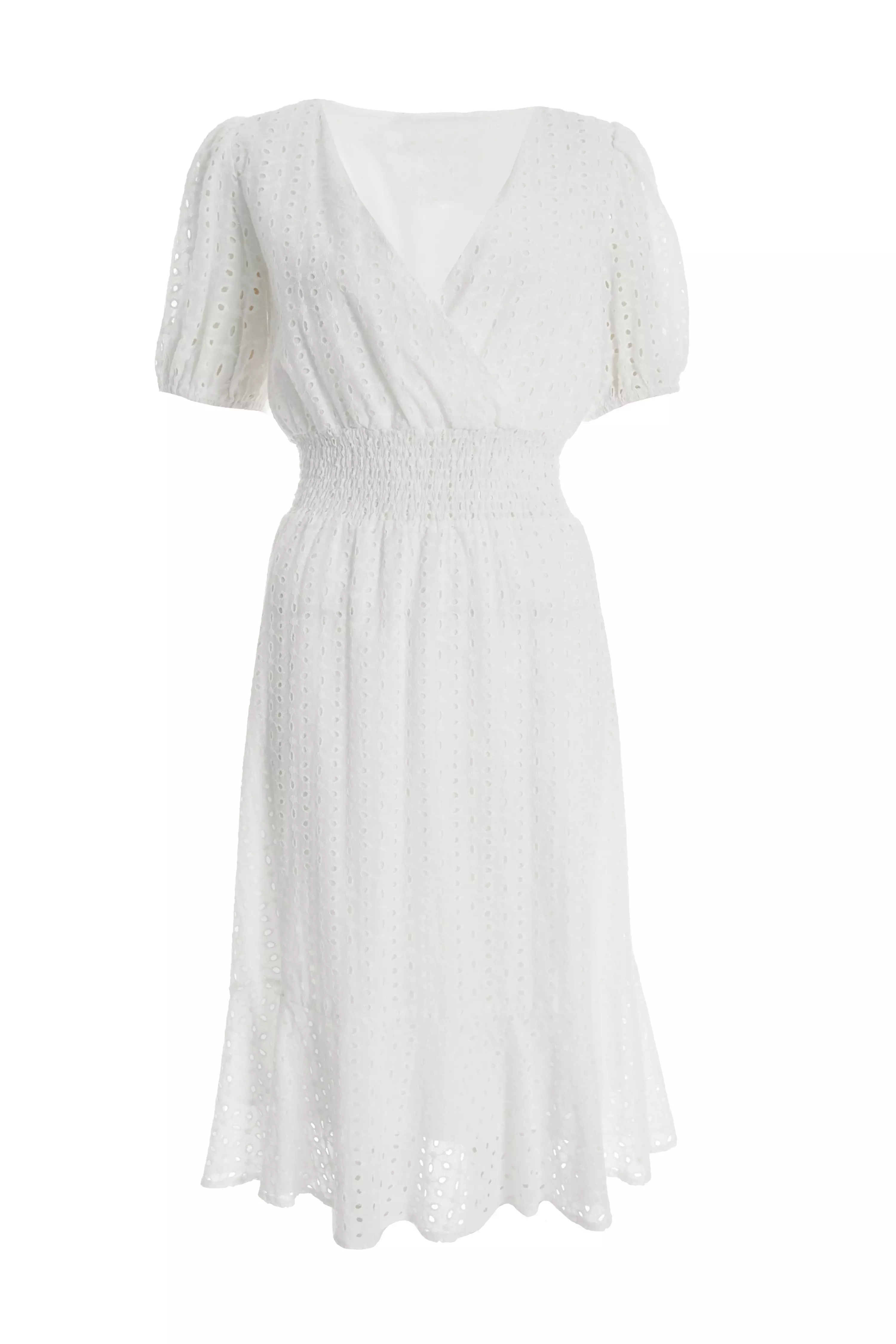 White Broderie Shirred Midi Dress