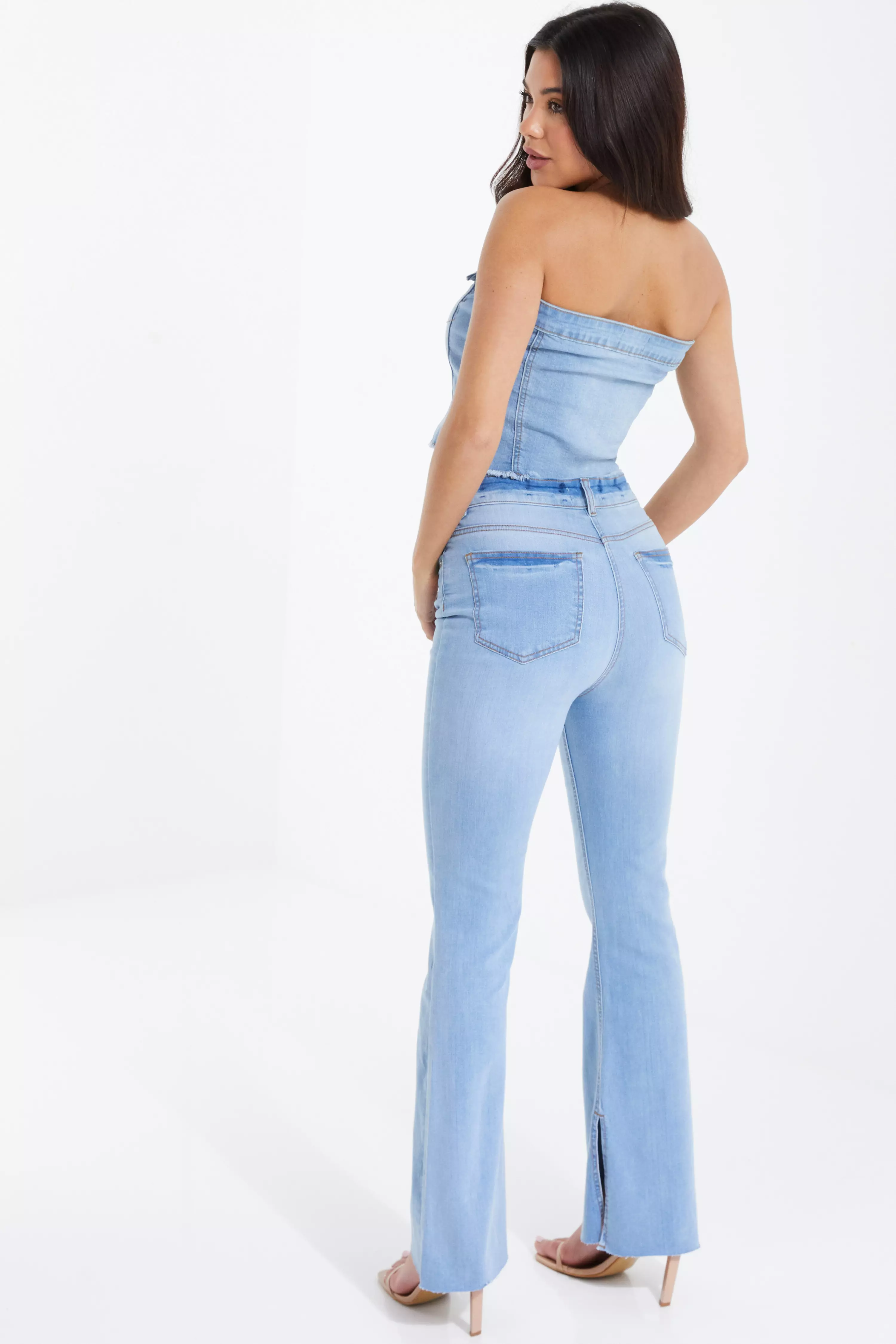 Blue denim split hem flare jeans