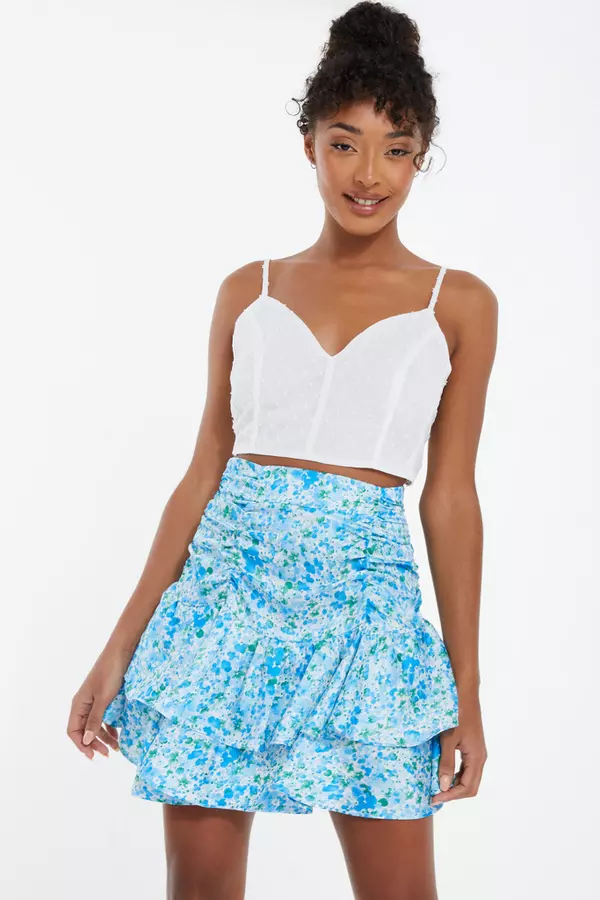 Blue Floral Ruched Mini Skirt