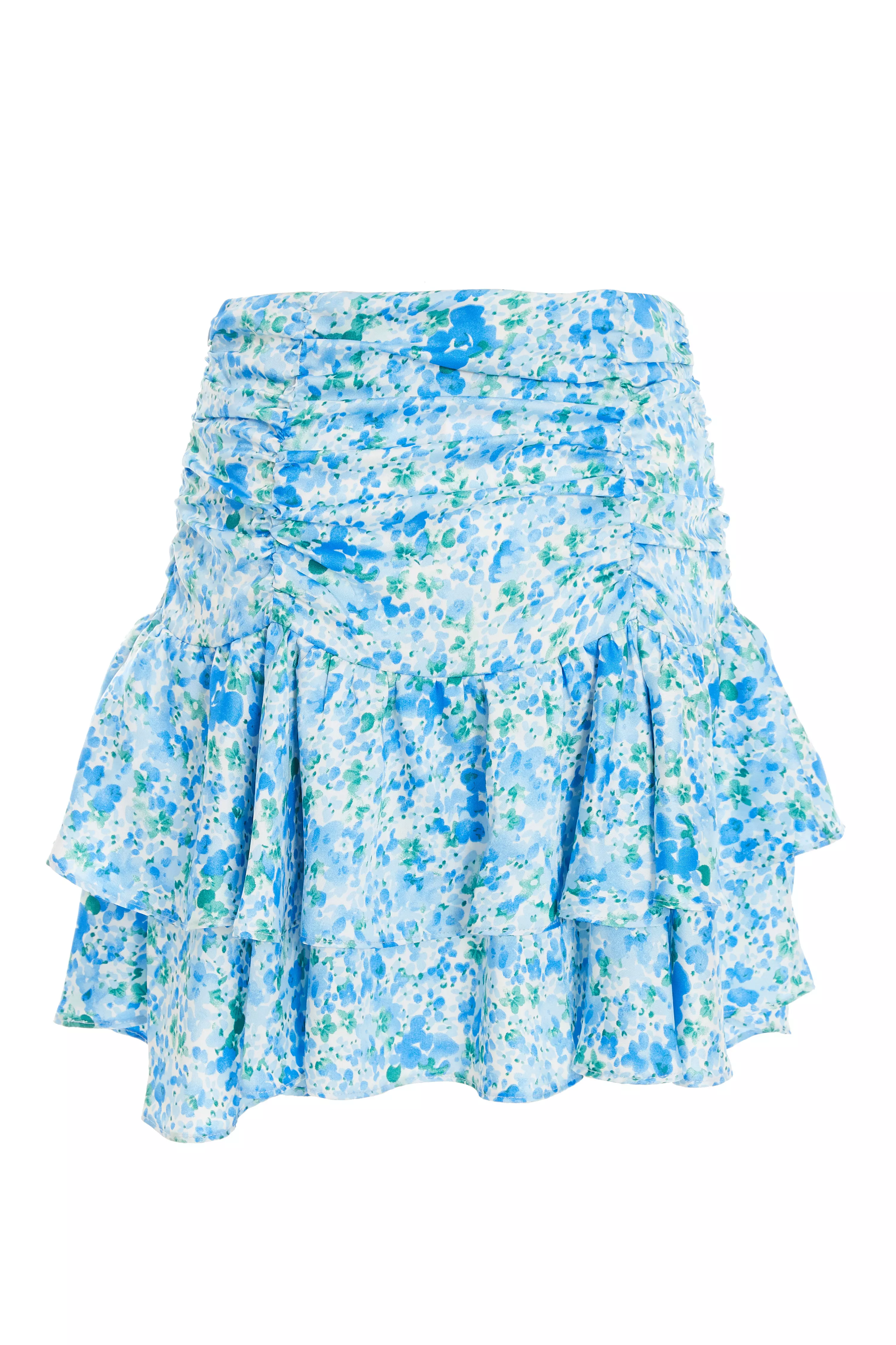 Blue Floral Ruched Mini Skirt