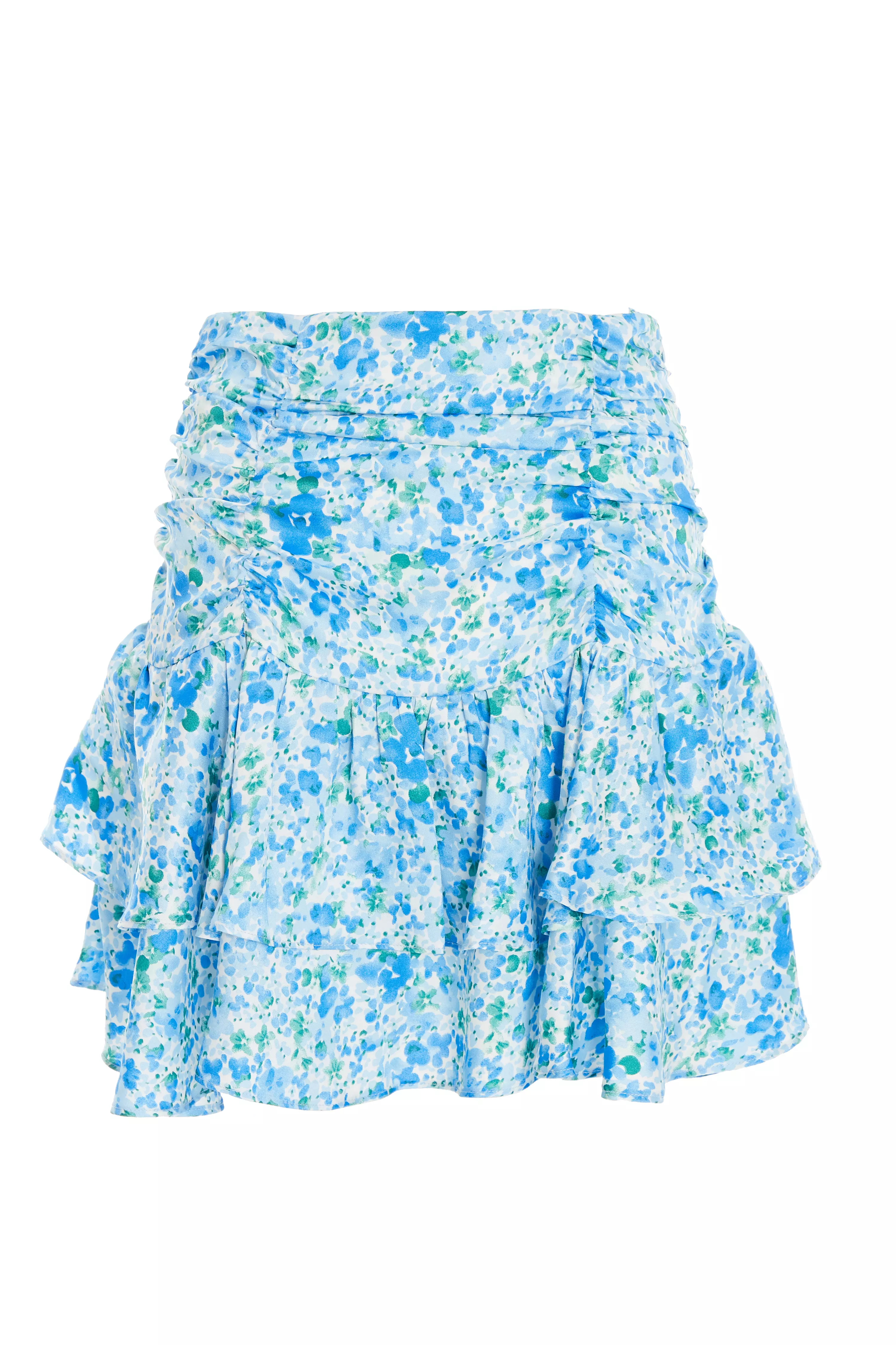 Blue Floral Ruched Mini Skirt