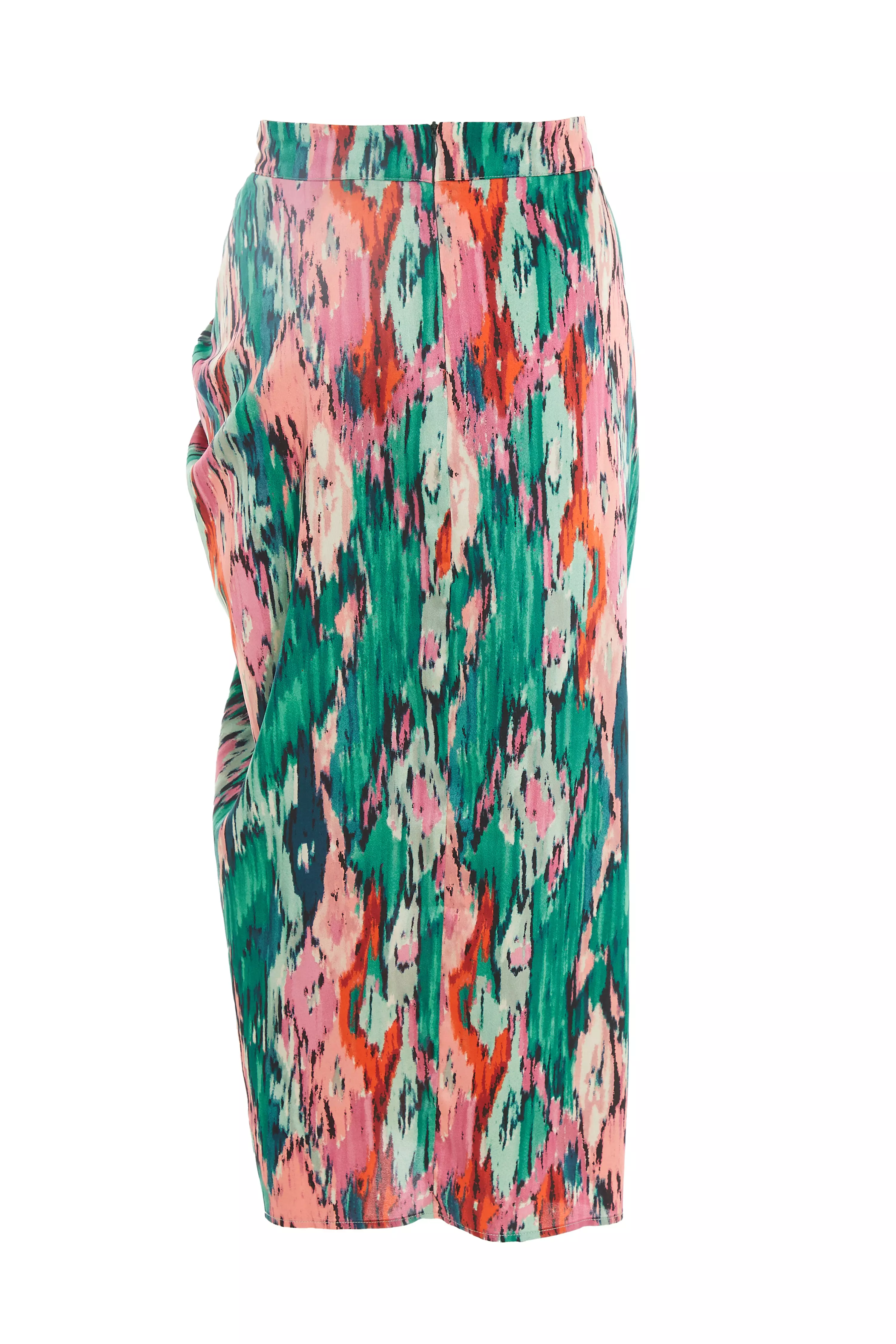 Green Satin Marble Print Ruched Midi Skirt