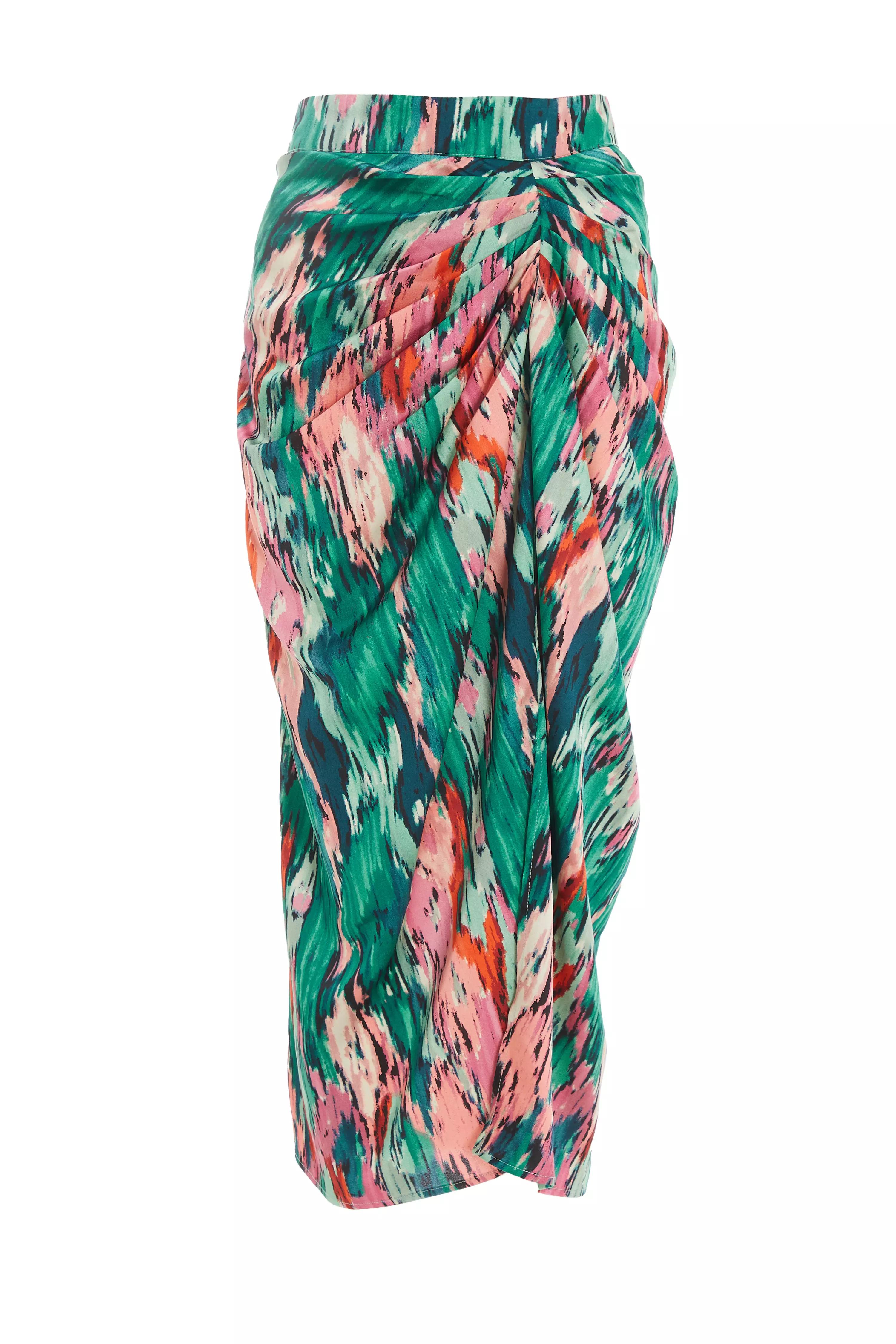 Green Satin Marble Print Ruched Midi Skirt