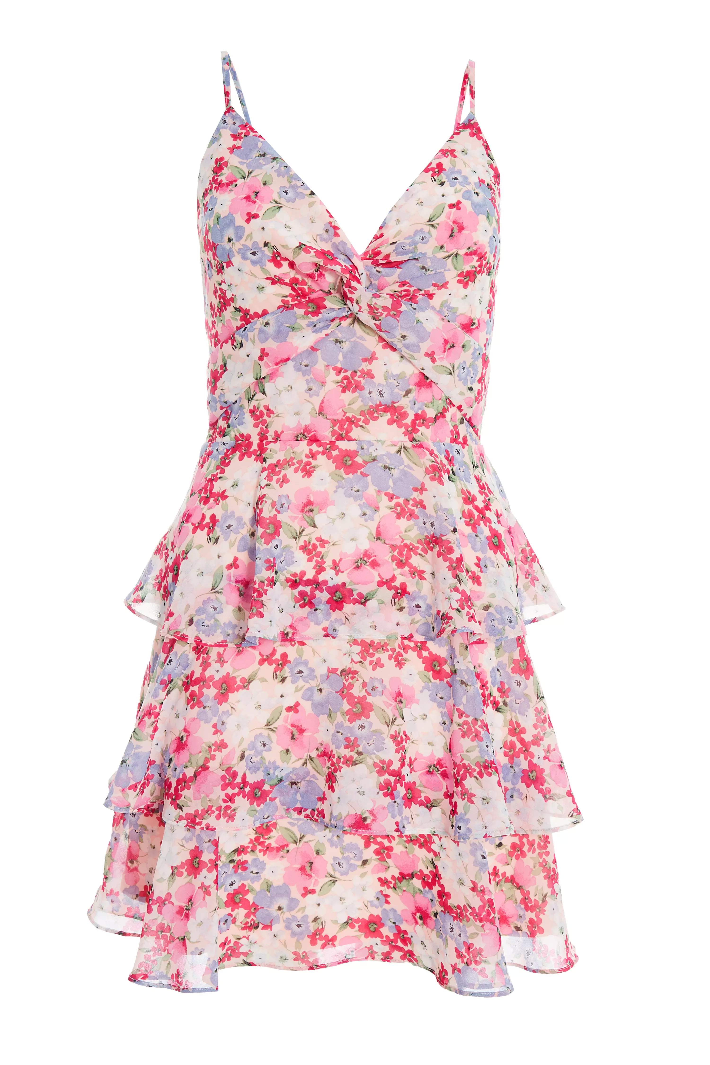 Multicoloured Floral Chiffon Tiered Mini Dress