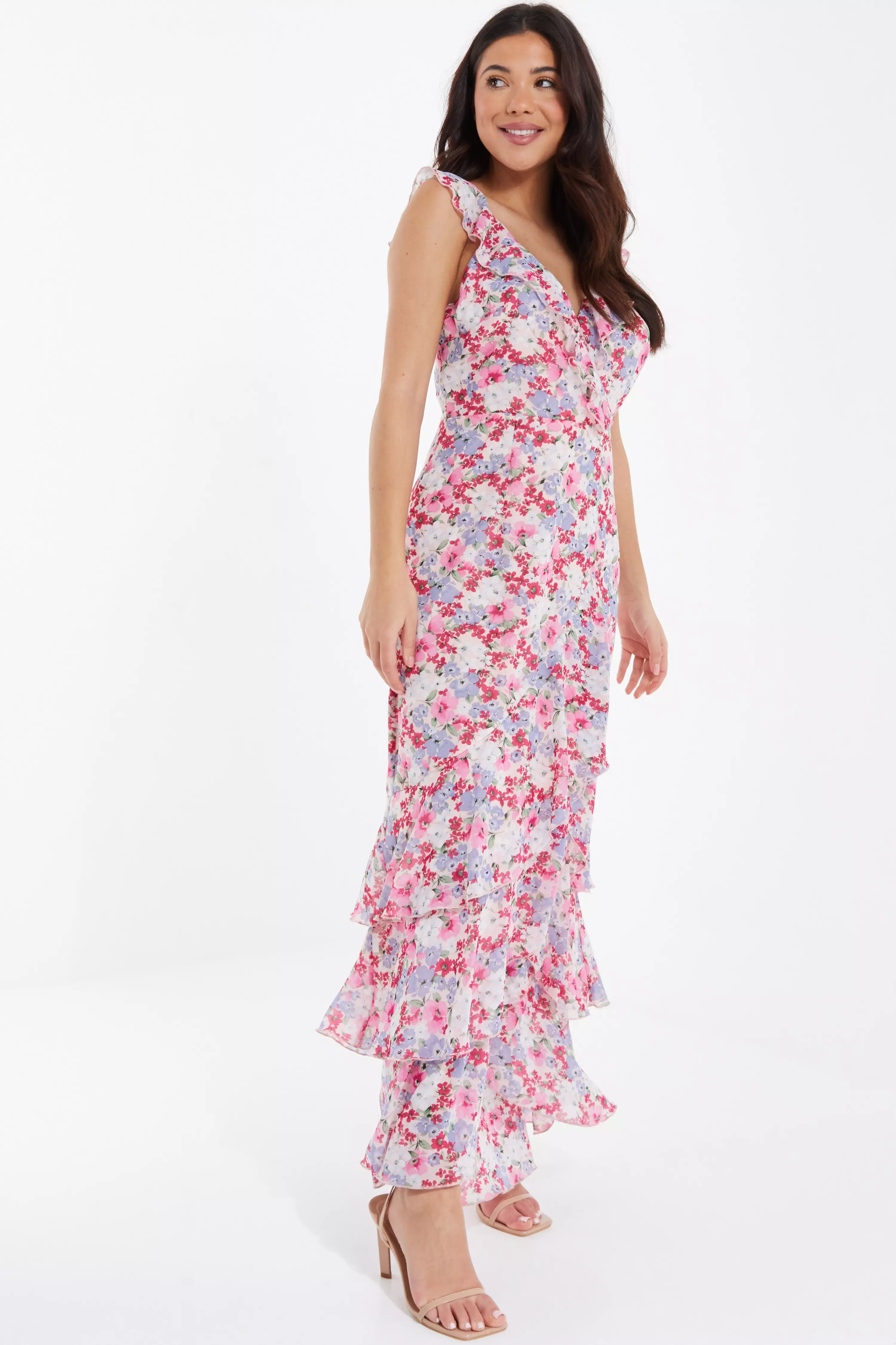 Multicoloured Chiffon Floral Tiered Maxi Dress