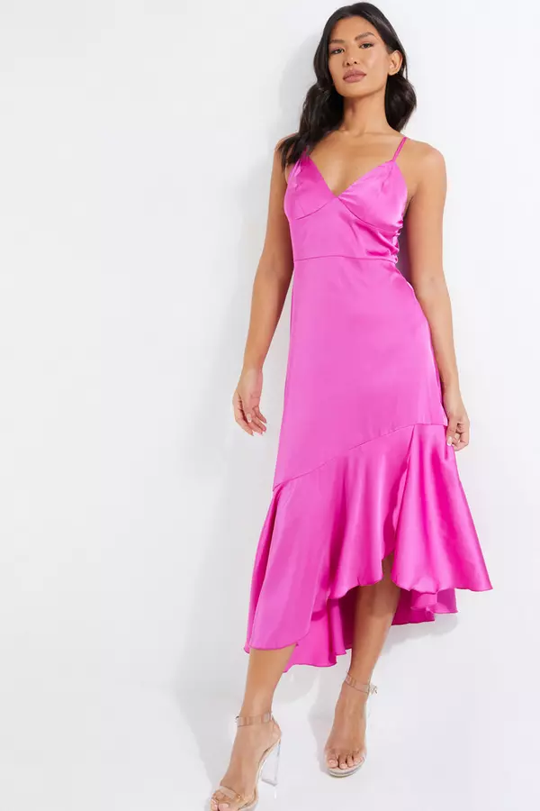 Hot Pink Satin Asymmetric Midi Dress