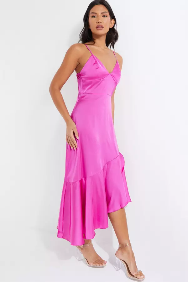 Hot Pink Satin Asymmetric Midi Dress