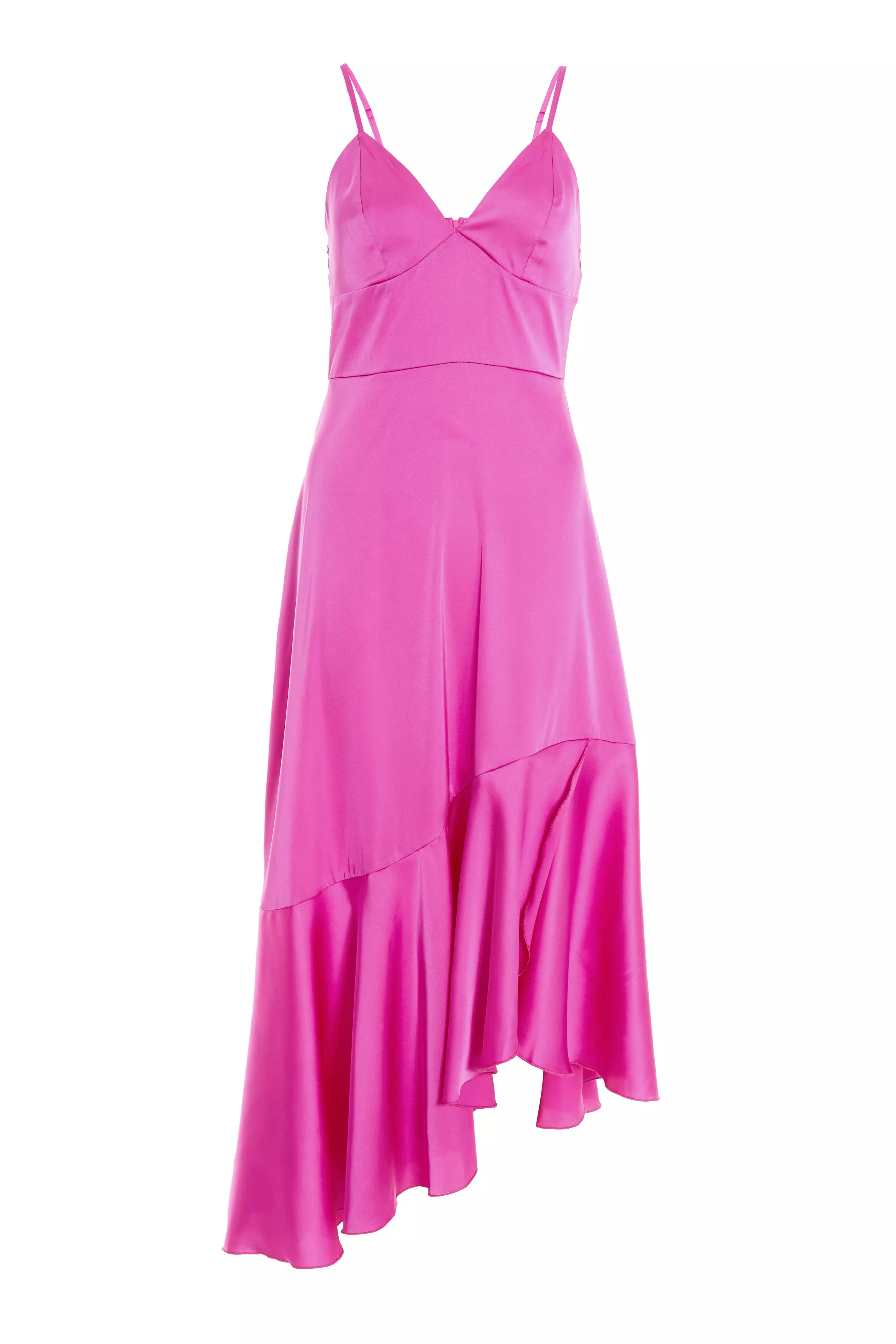 Hot Pink Satin Asymmetric Midi Dress