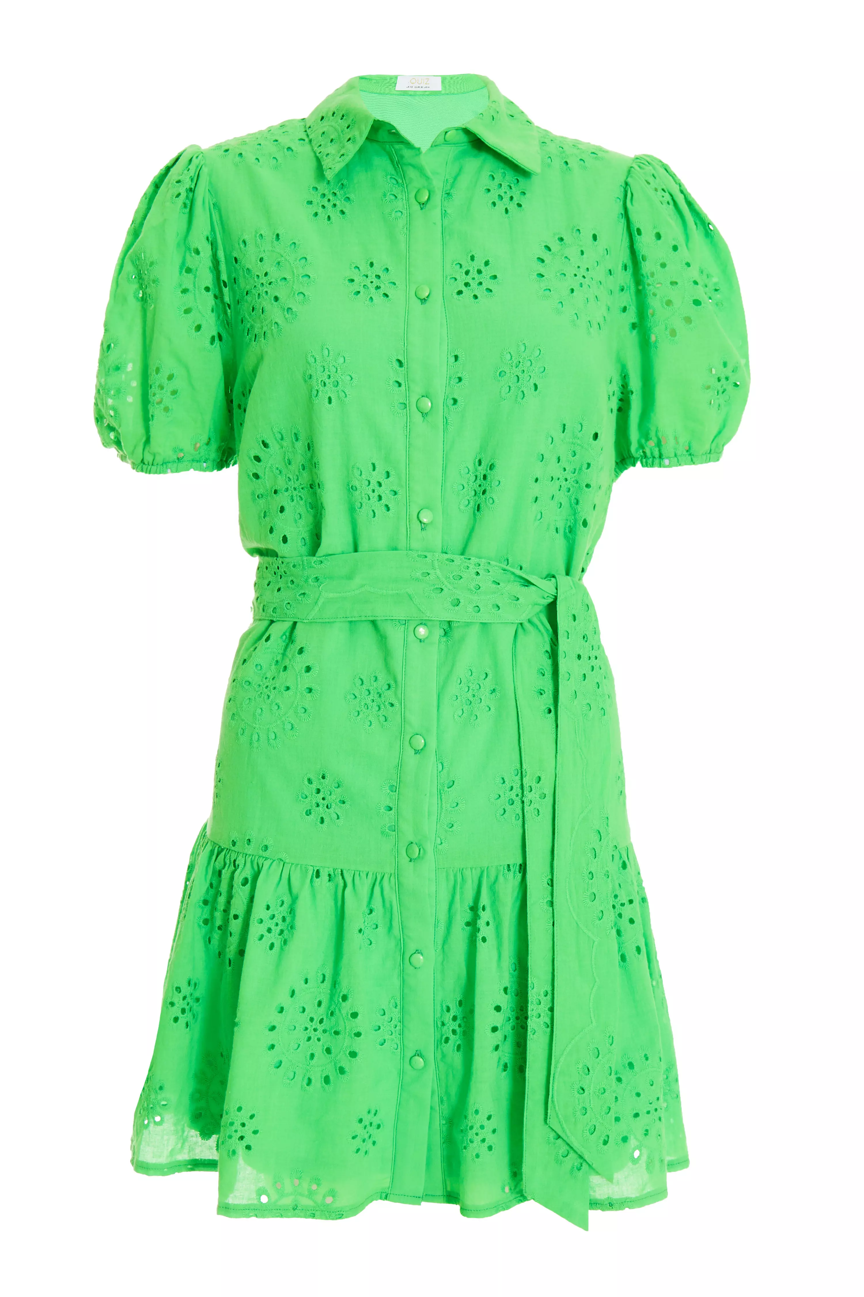 Green Embroidered Mini Shirt Dress