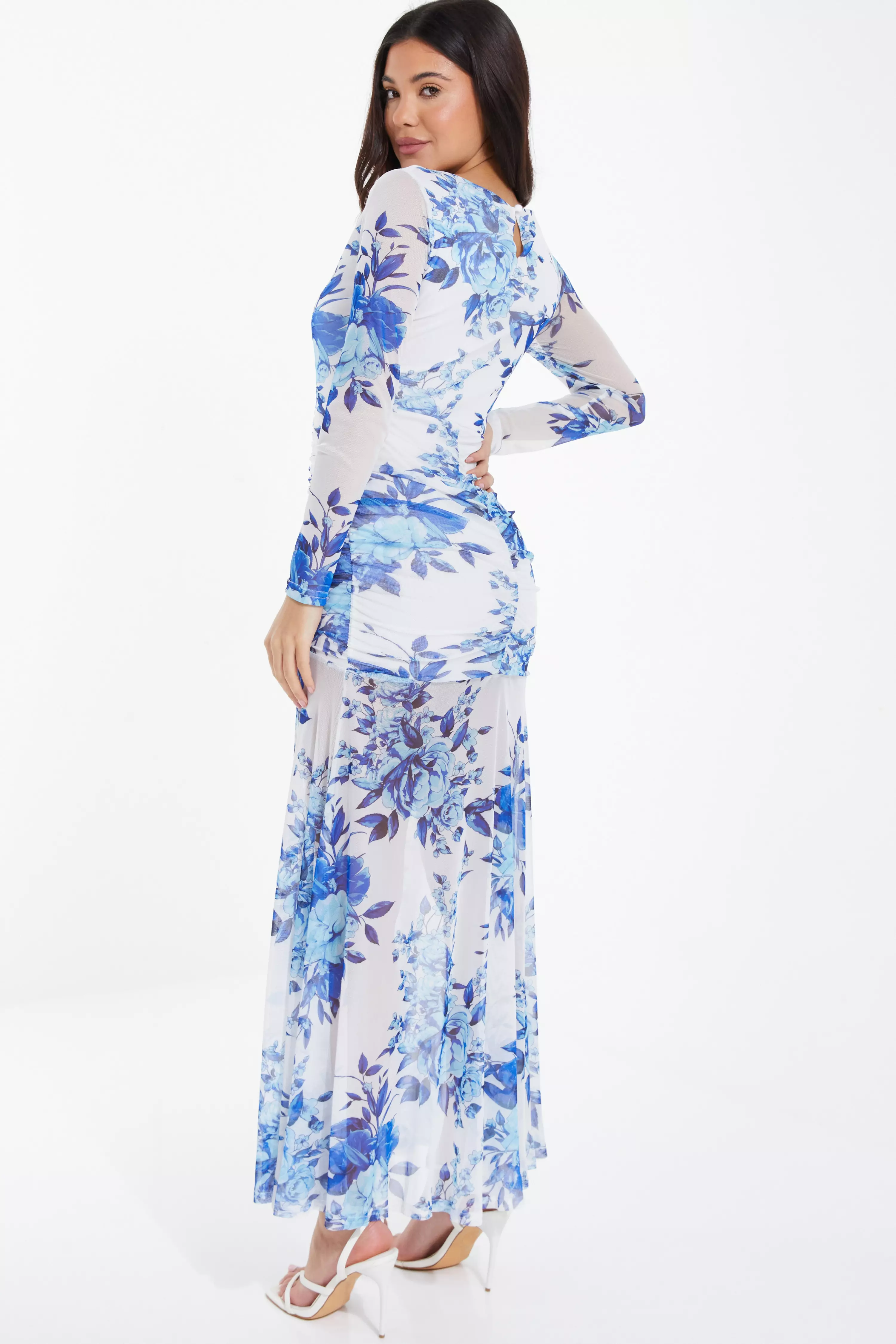 Blue Floral Mesh Maxi Dress