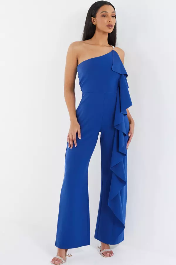 Royal Blue One Shoulder Frill Palazzo Jumpsuit
