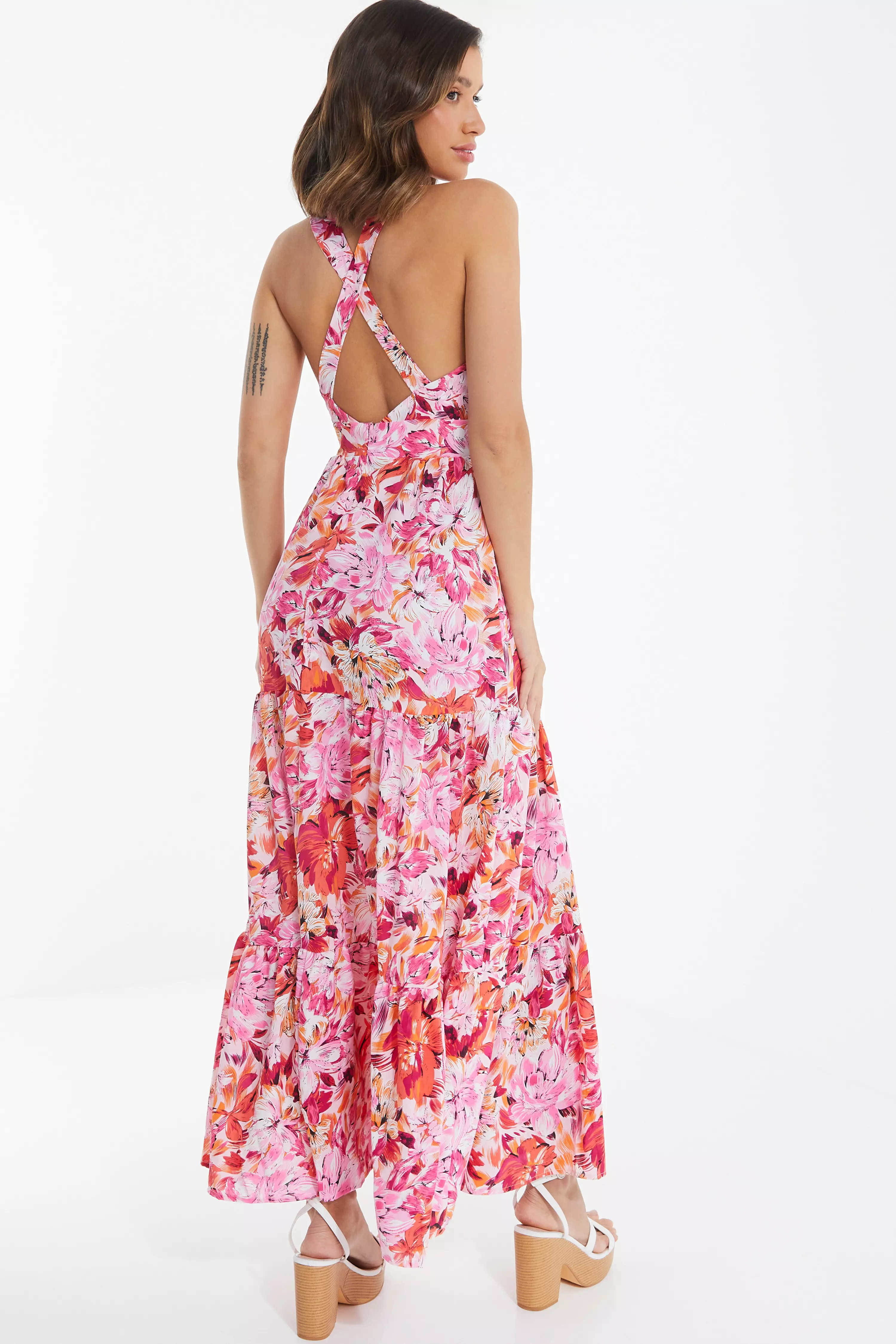 Pink Floral Cross Front Maxi Dress