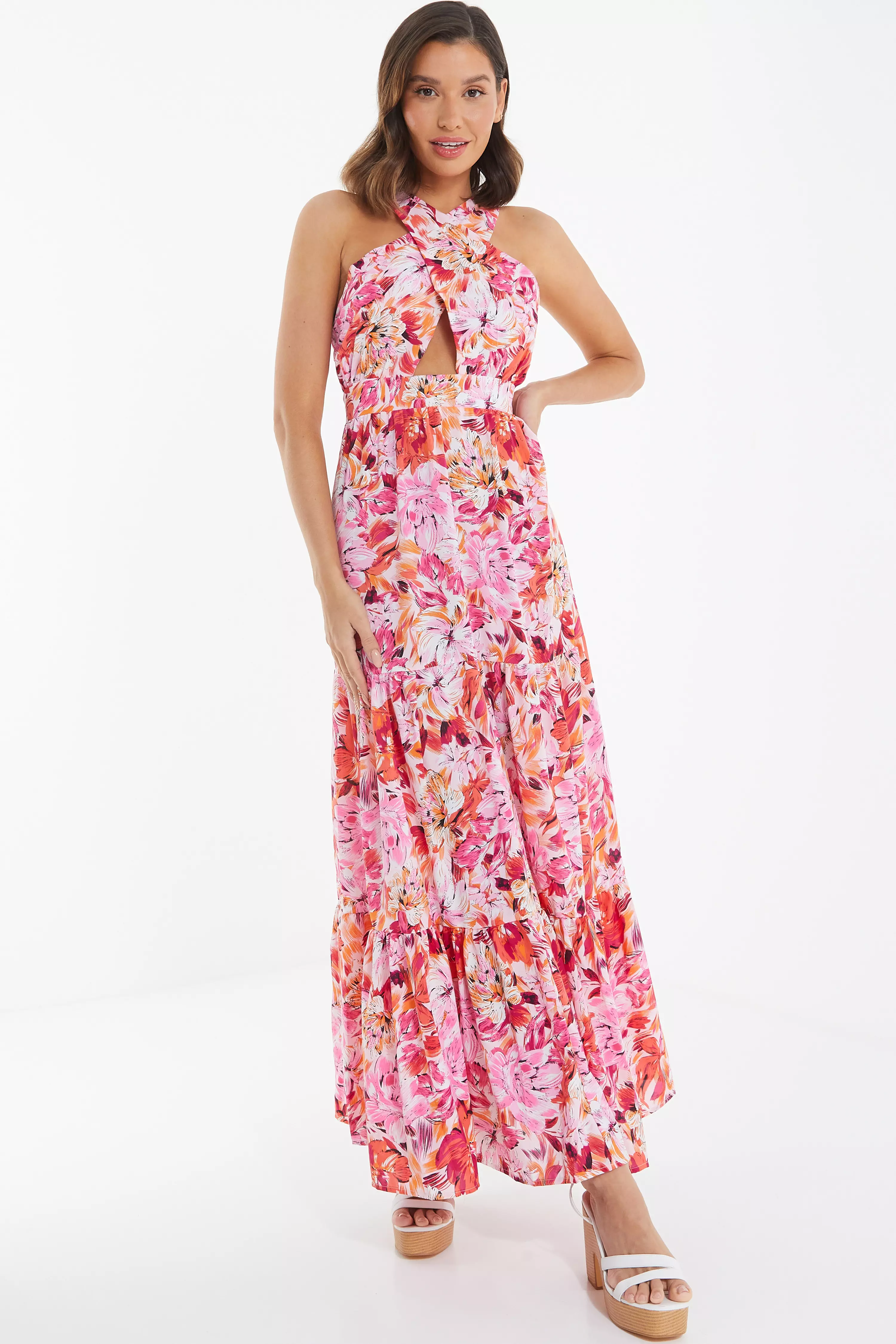 Pink Floral Cross Front Maxi Dress