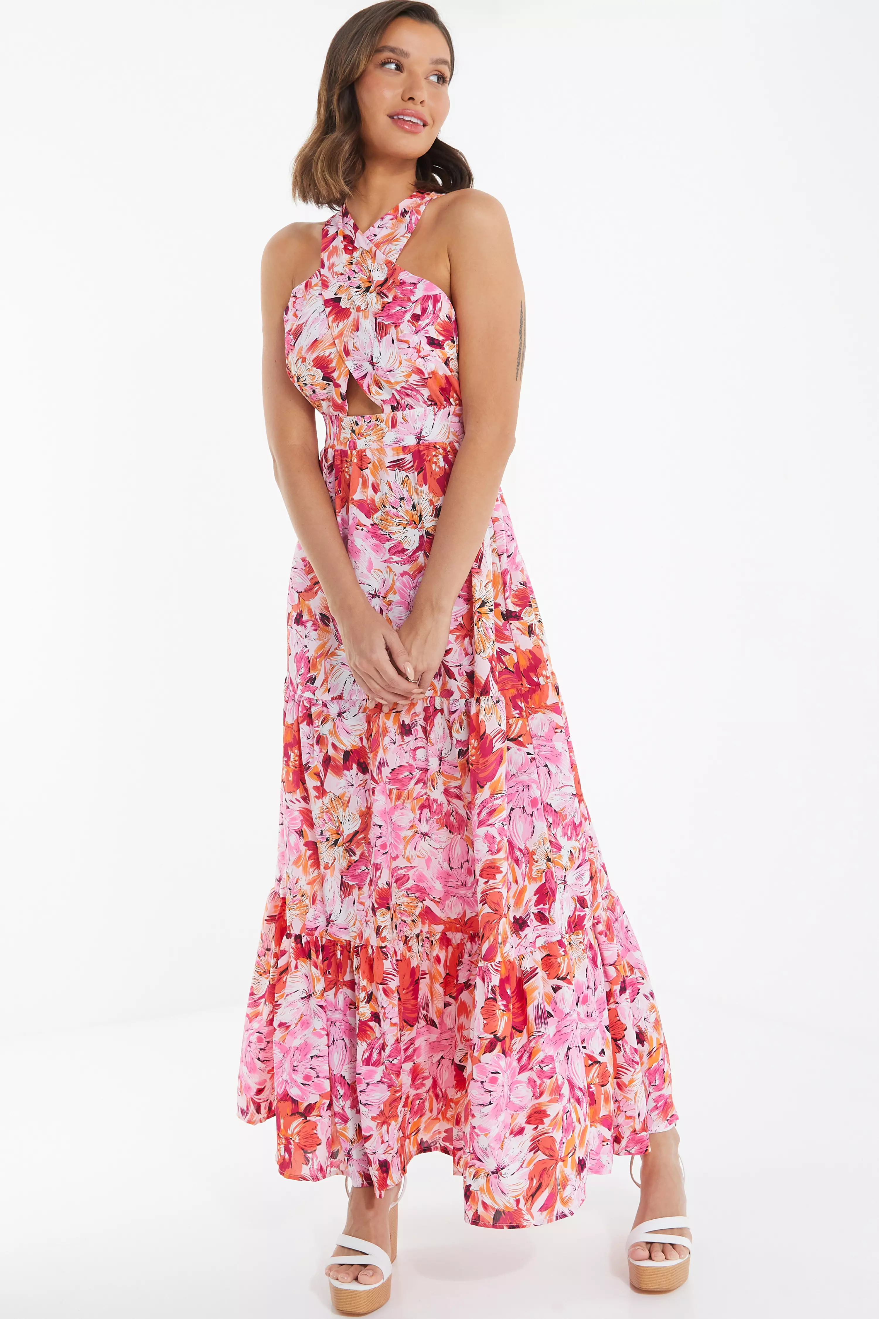 Pink Floral Cross Front Maxi Dress