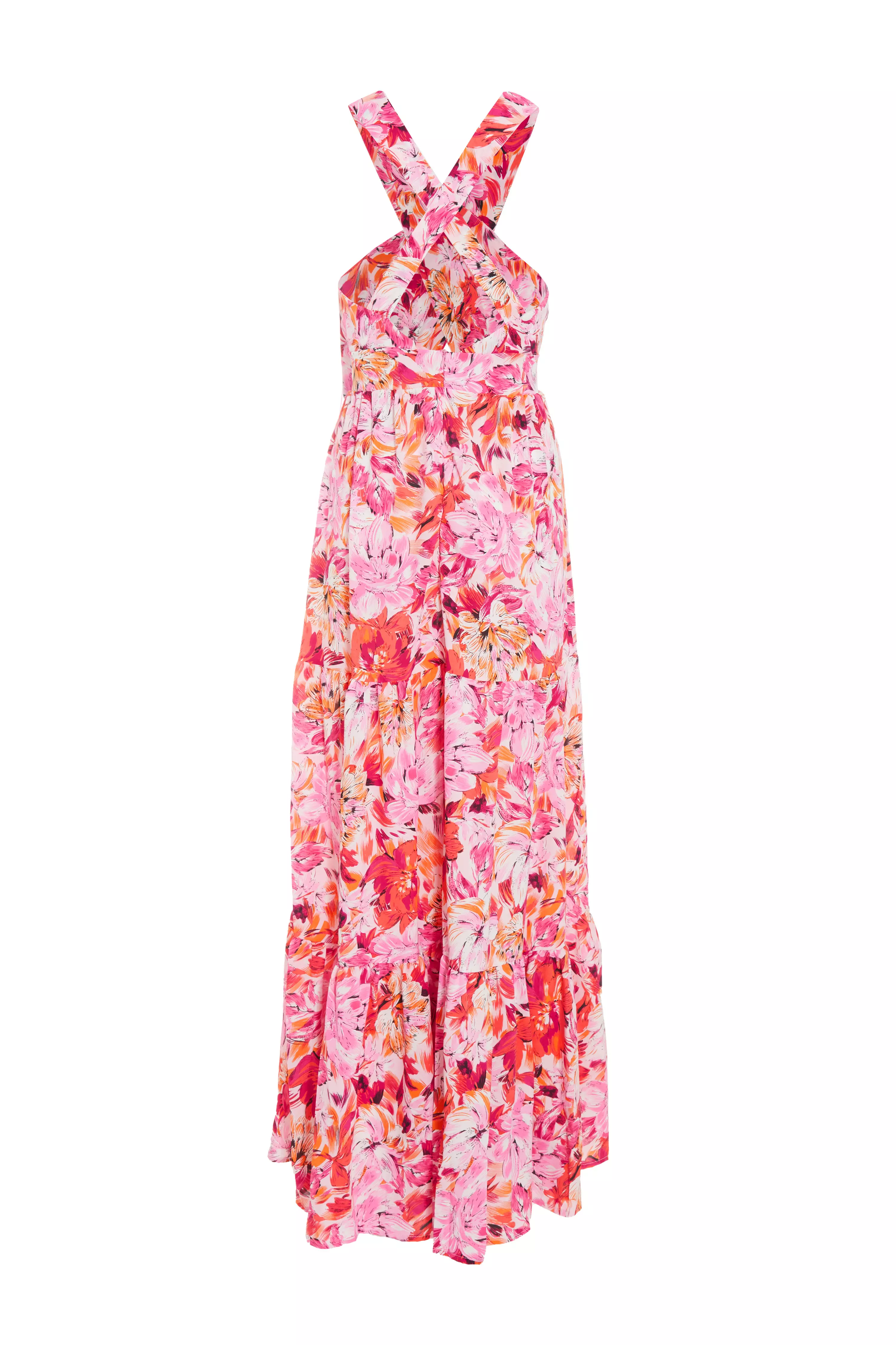 Pink Floral Cross Front Maxi Dress