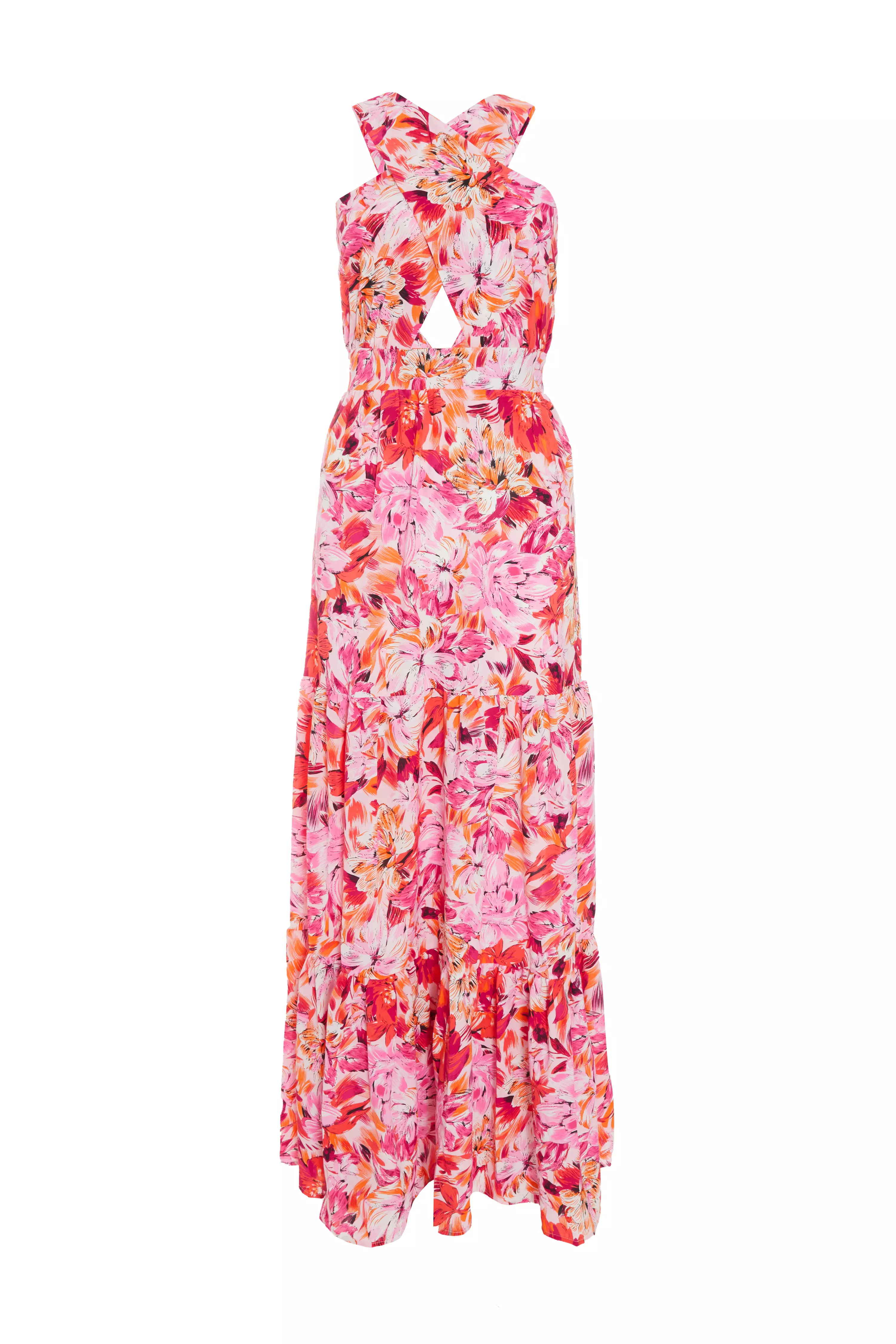 Pink Floral Cross Front Maxi Dress