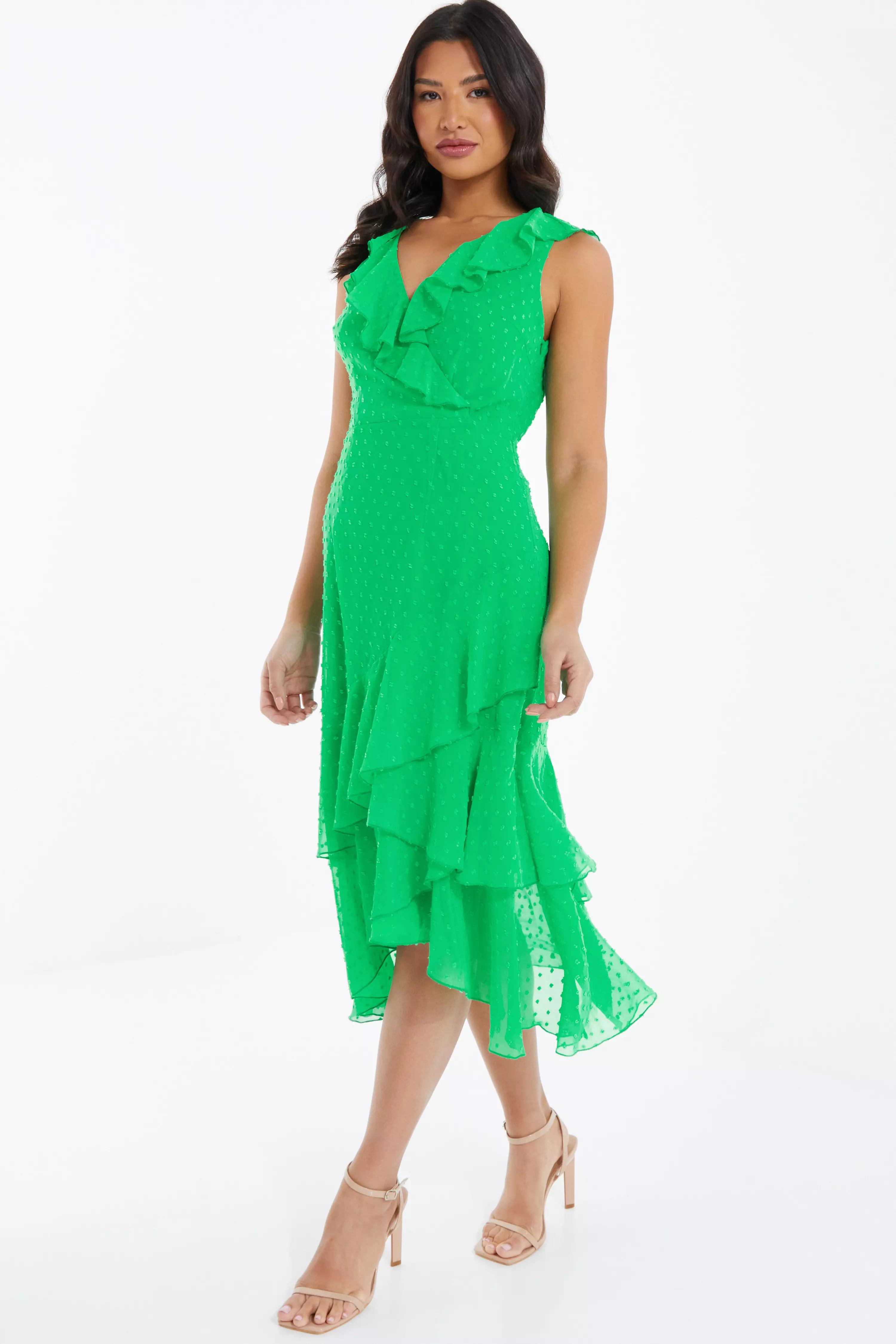 Green Chiffon Dobby Wrap Midi Dress