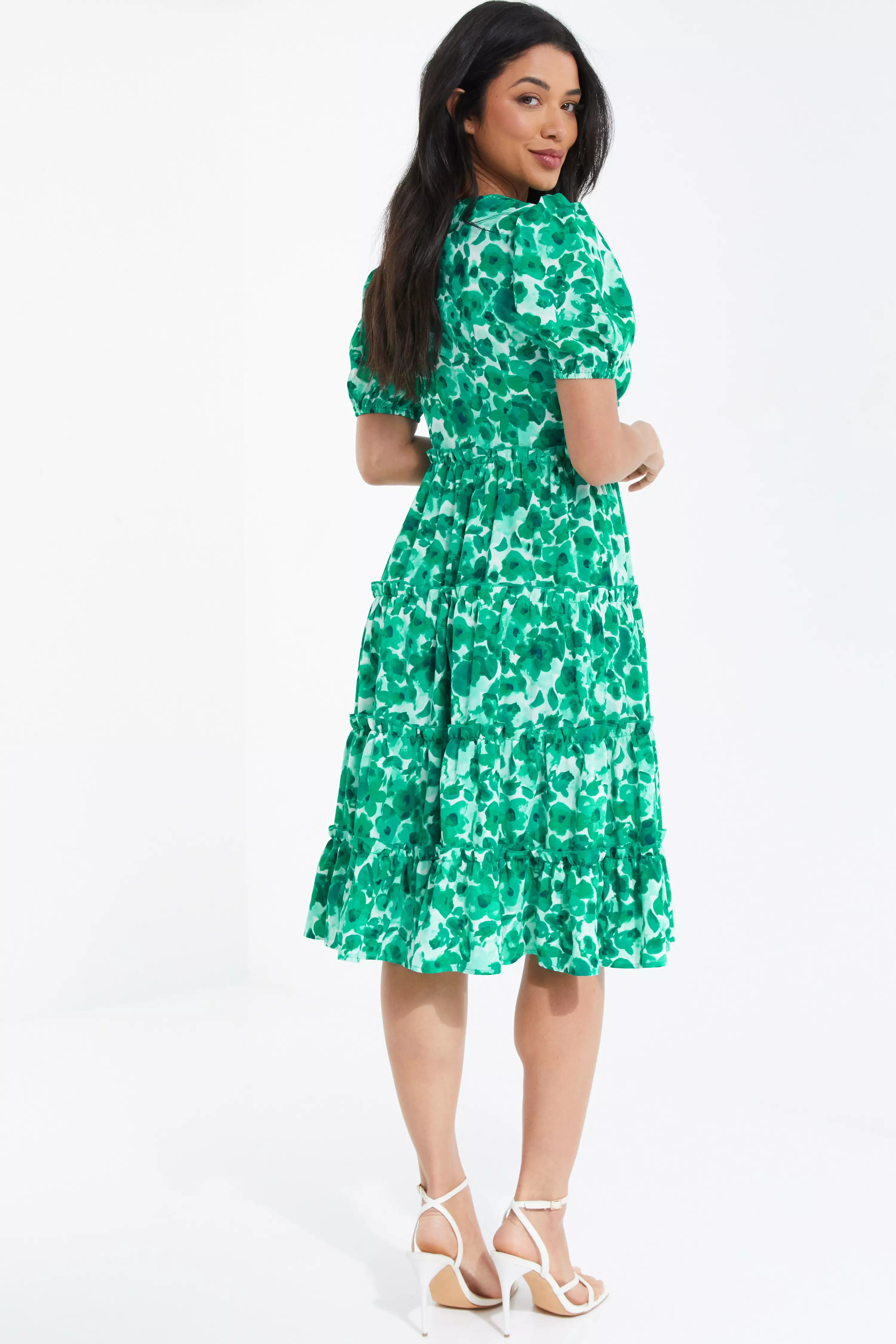 Green Floral Puff Sleeve Midi Dress