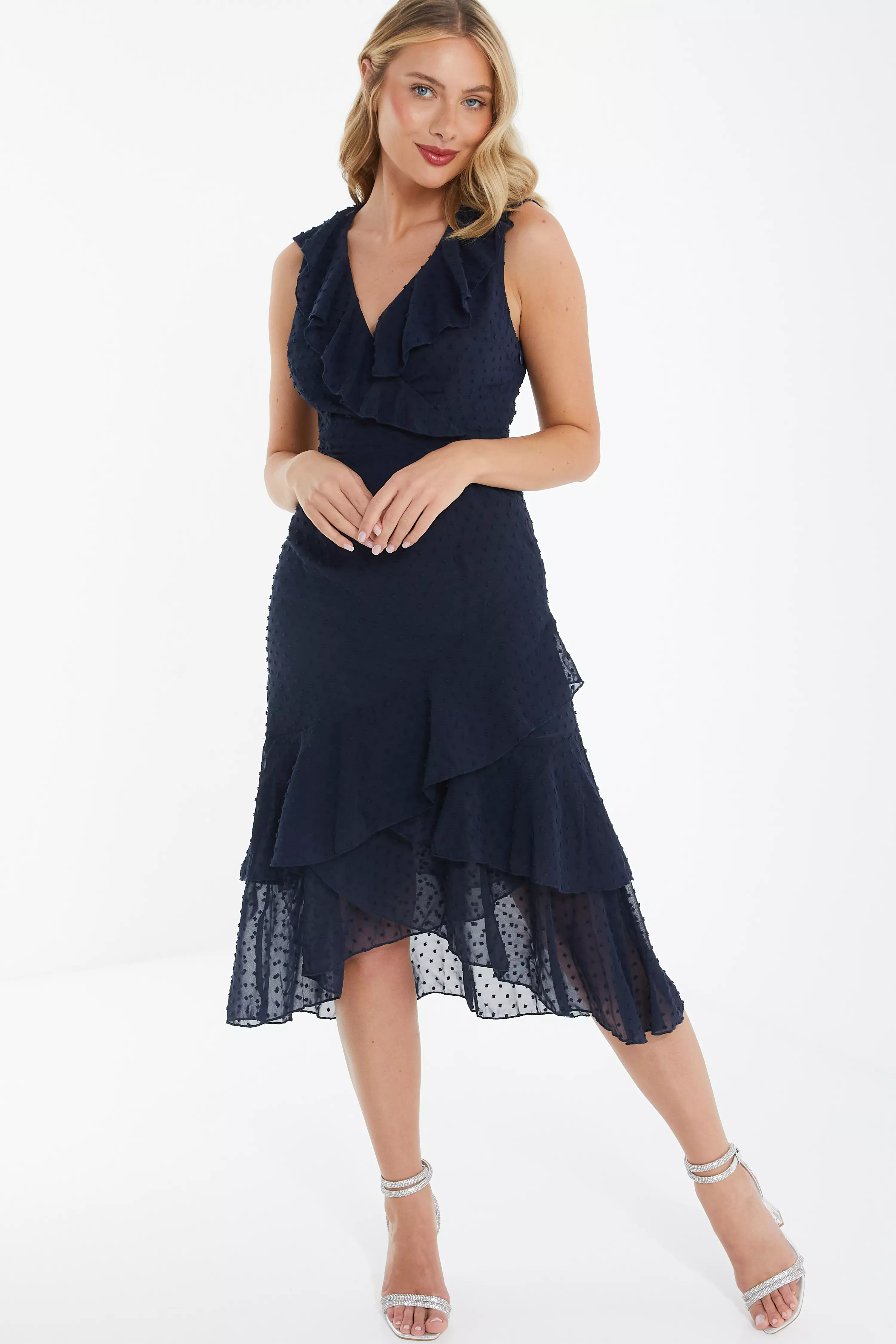 Navy Chiffon Dobby Wrap Midi Dress