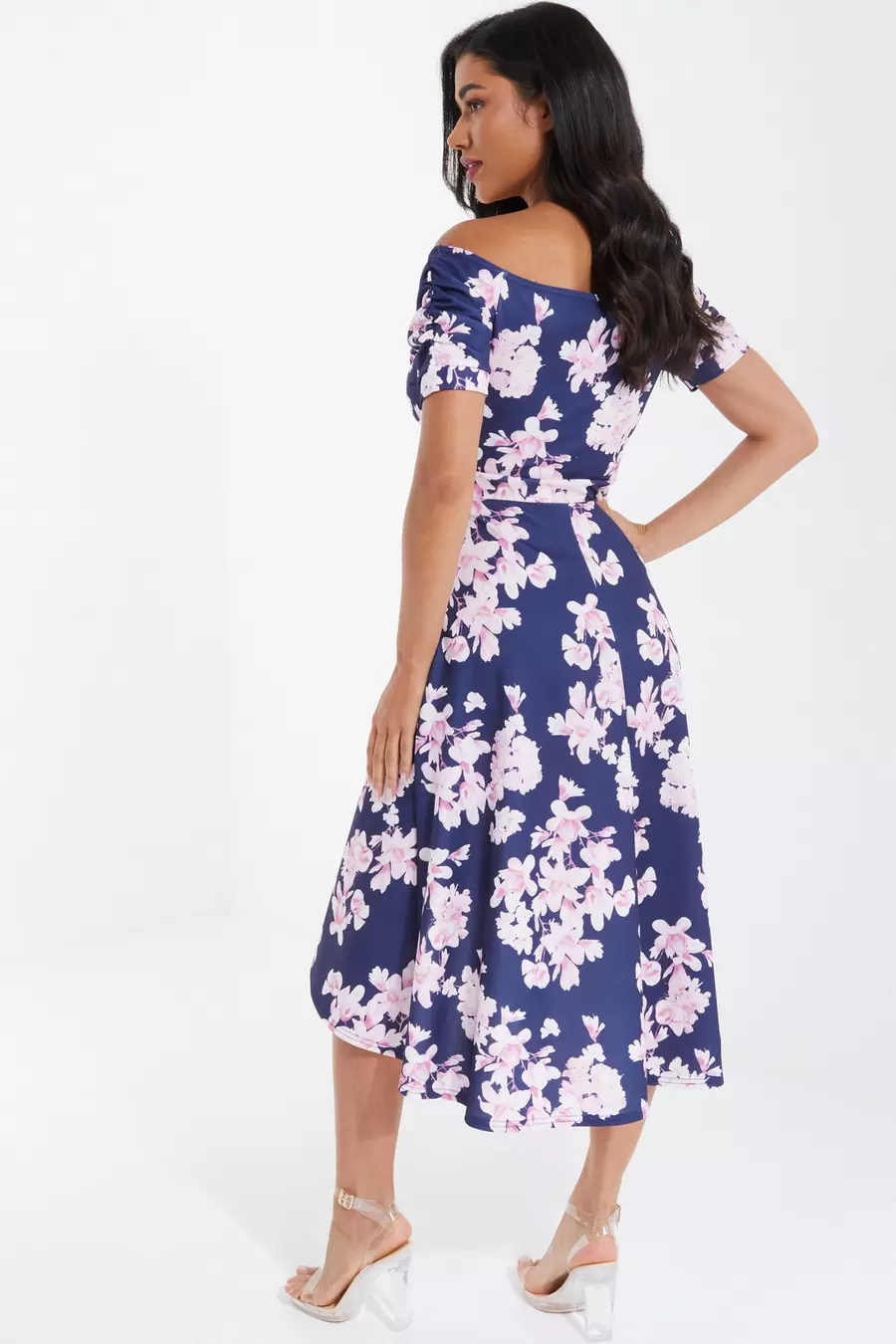 Navy Floral Bardot Dip Hem Midi Dress QUIZ Clothing