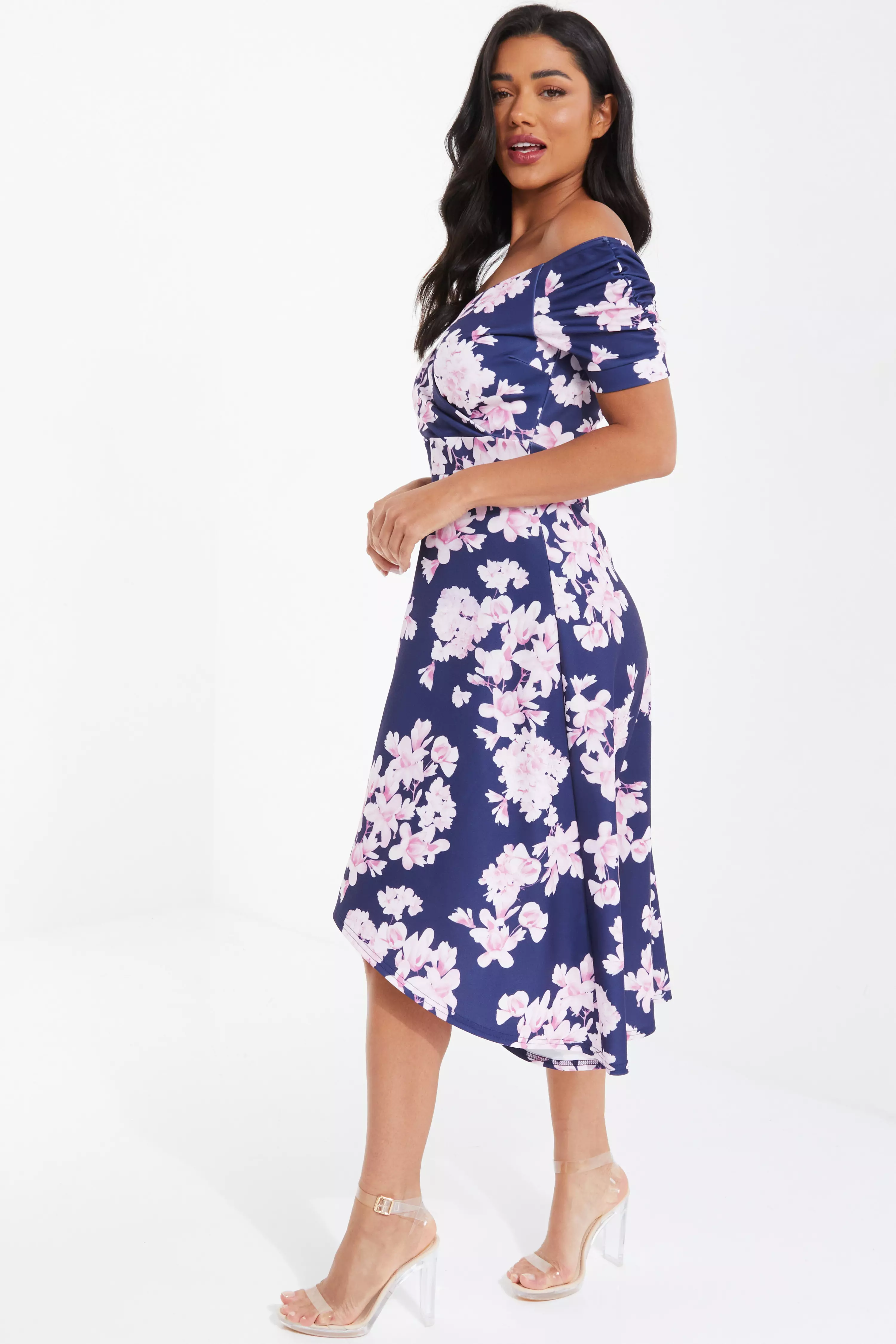 Navy Floral Bardot Dip Hem Midi Dress