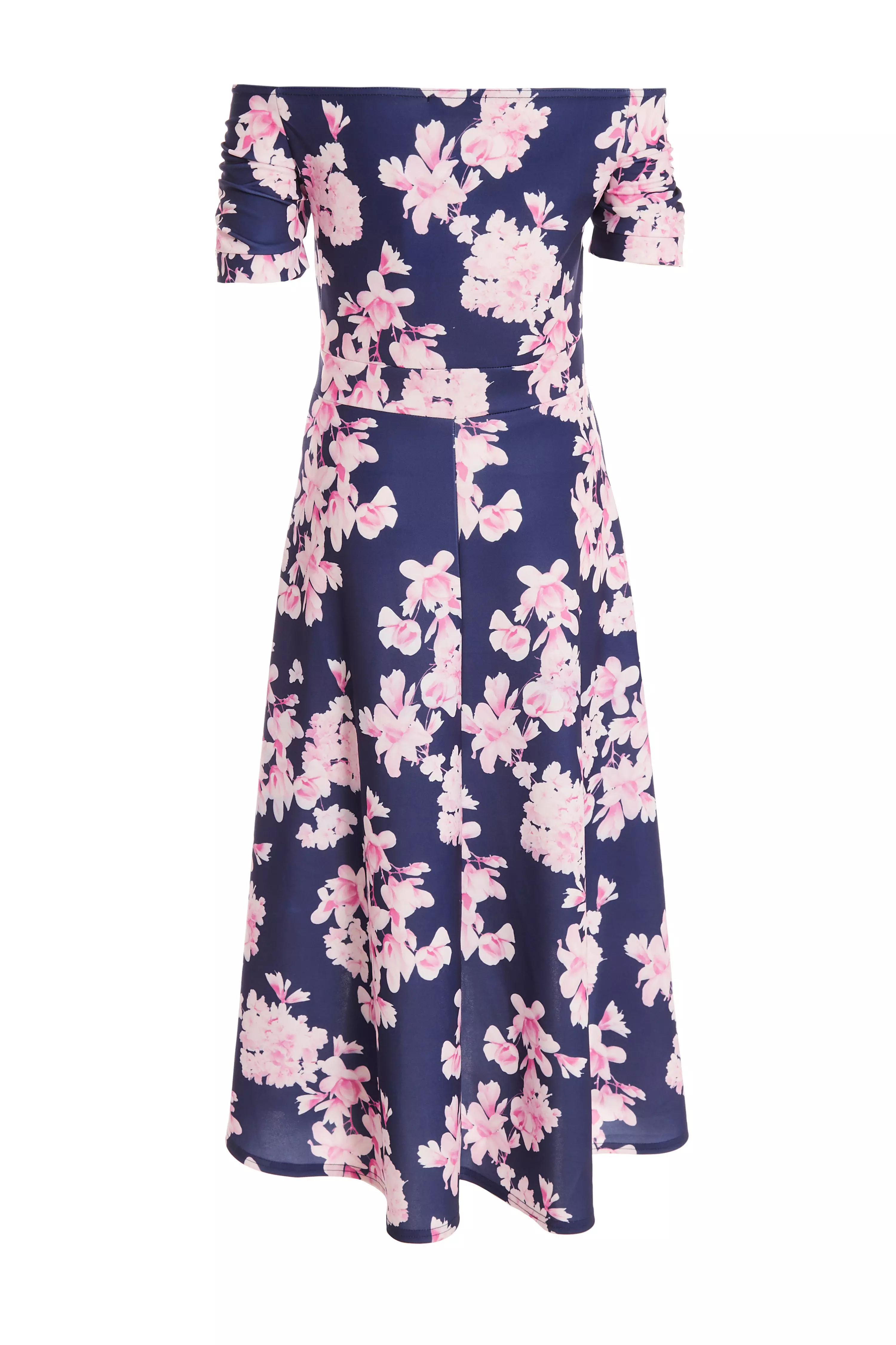 Navy Floral Bardot Dip Hem Midi Dress