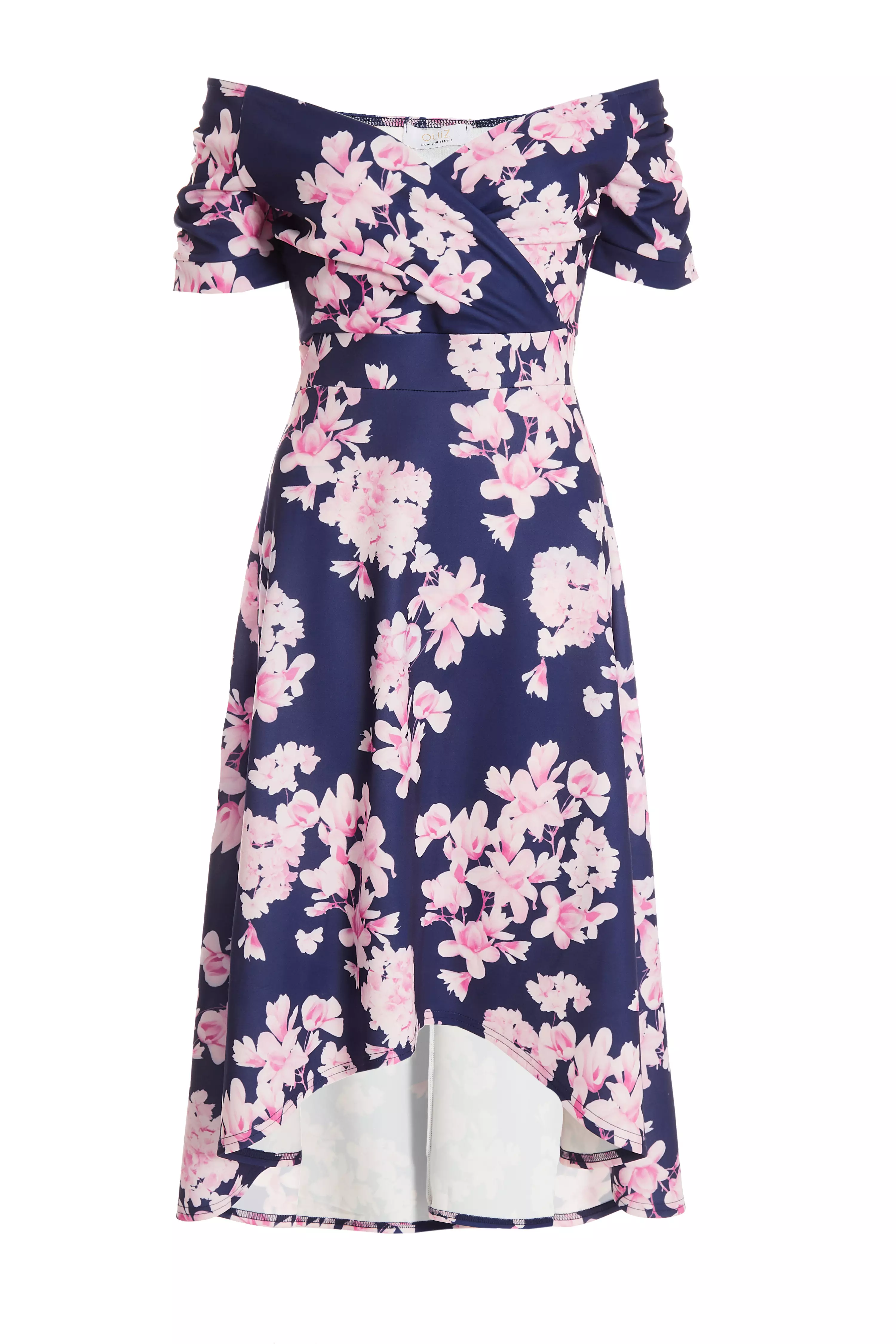 Navy Floral Bardot Dip Hem Midi Dress