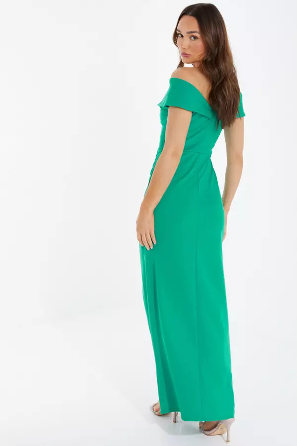 Green Ruched Bardot Maxi Dress
