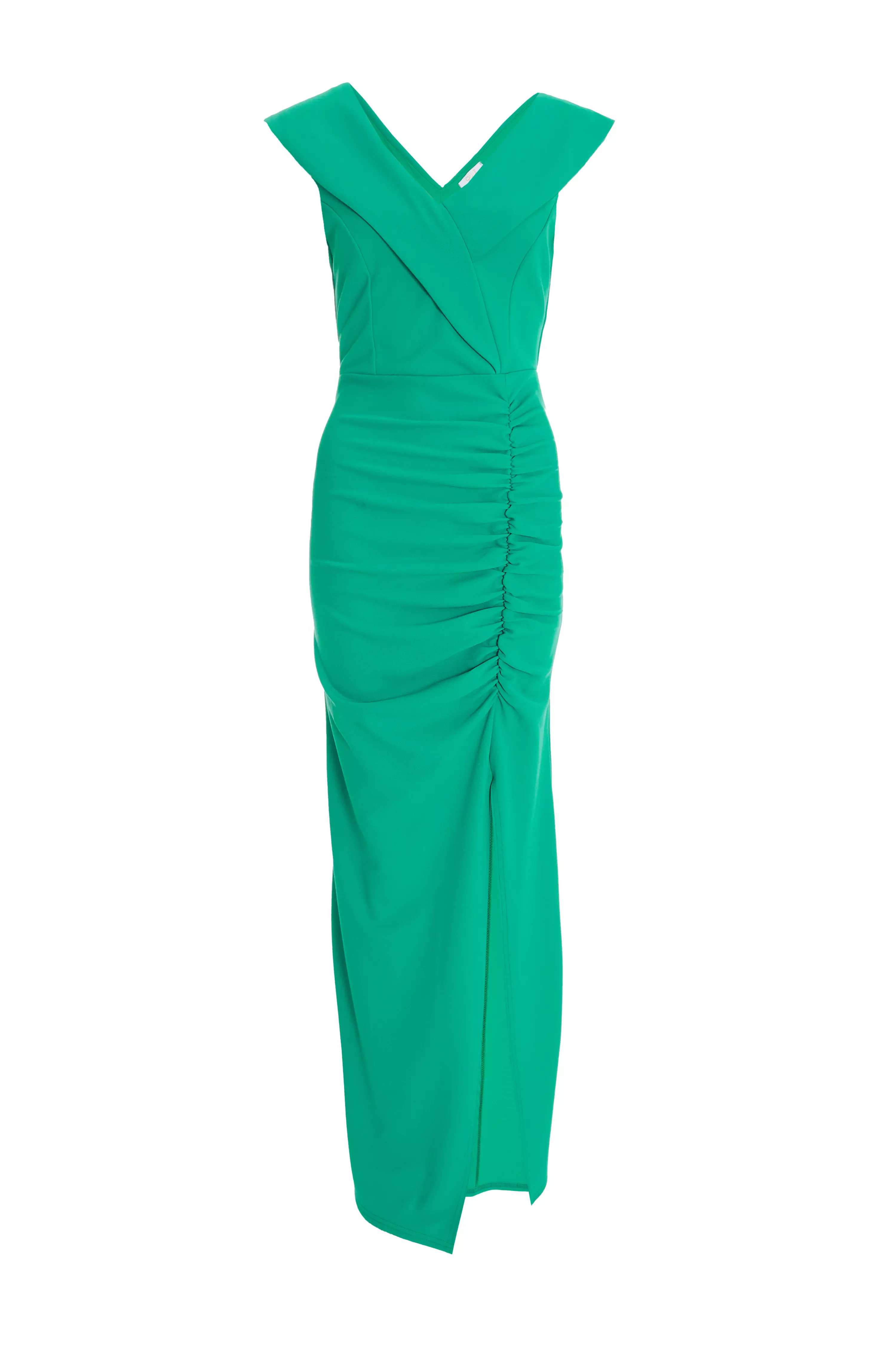 Green Ruched Bardot Maxi Dress