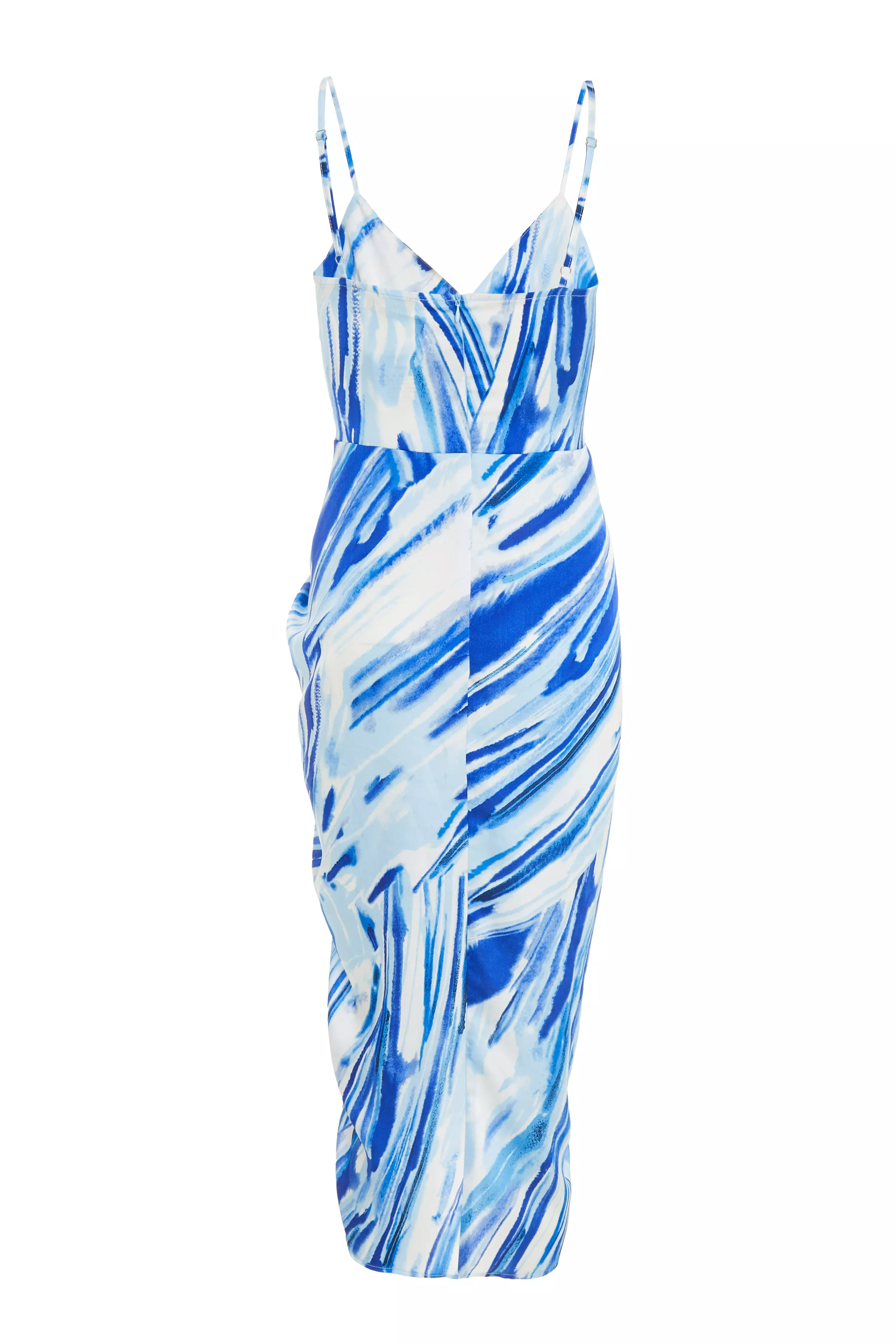 Blue Satin Brush Stroke Ruched Midi Dress