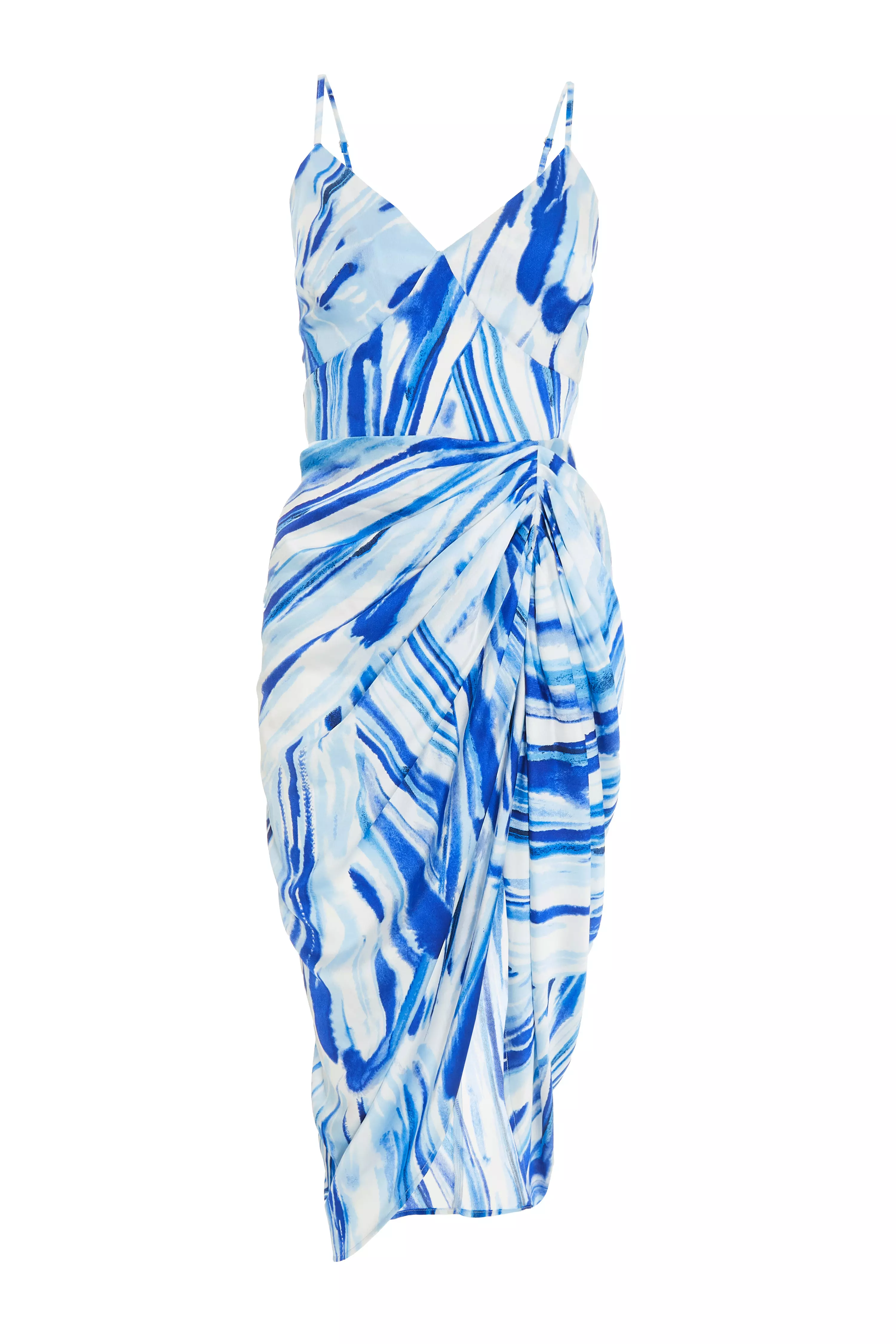 Blue Satin Brush Stroke Ruched Midi Dress