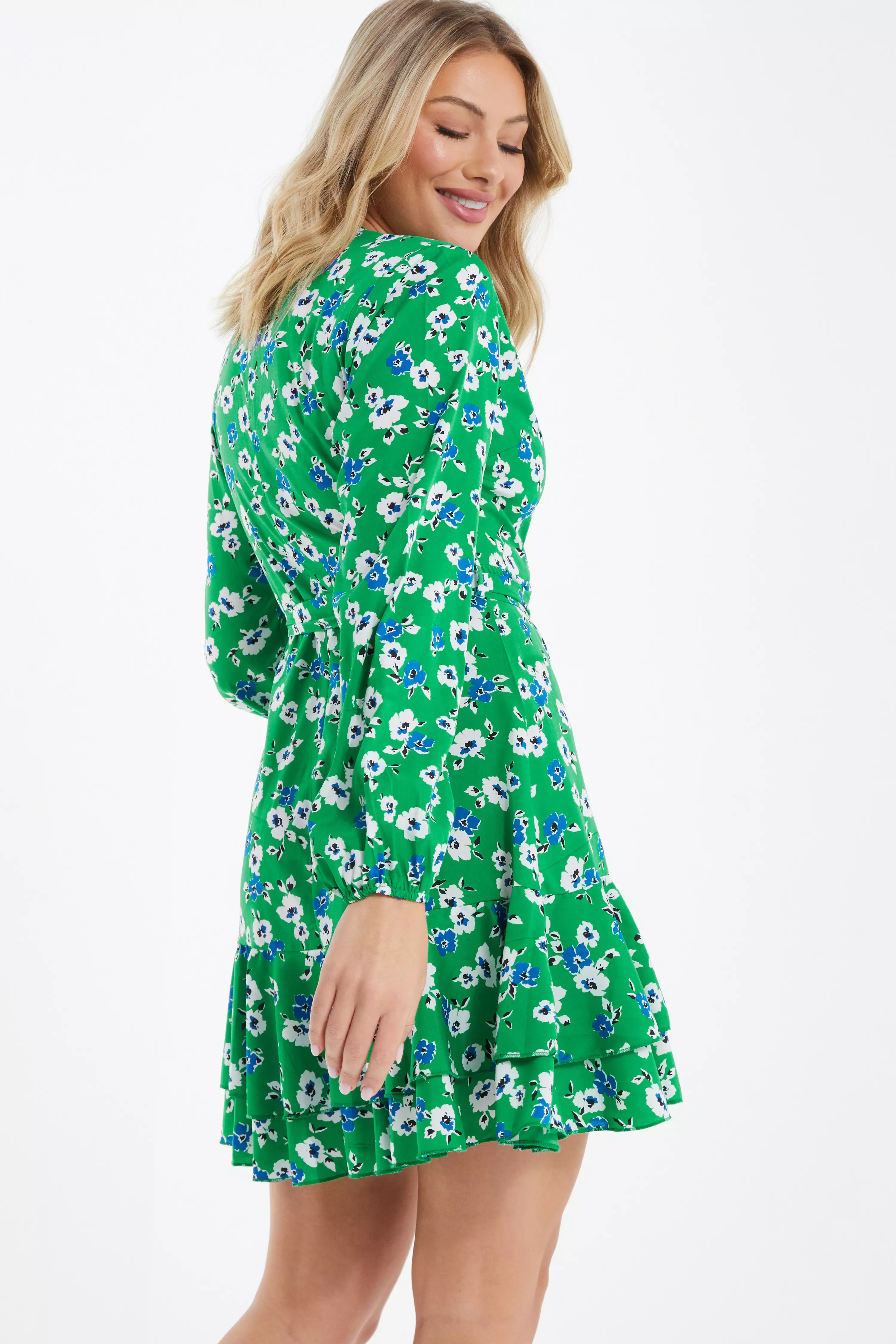 Green Floral Print Skater Mini Dress