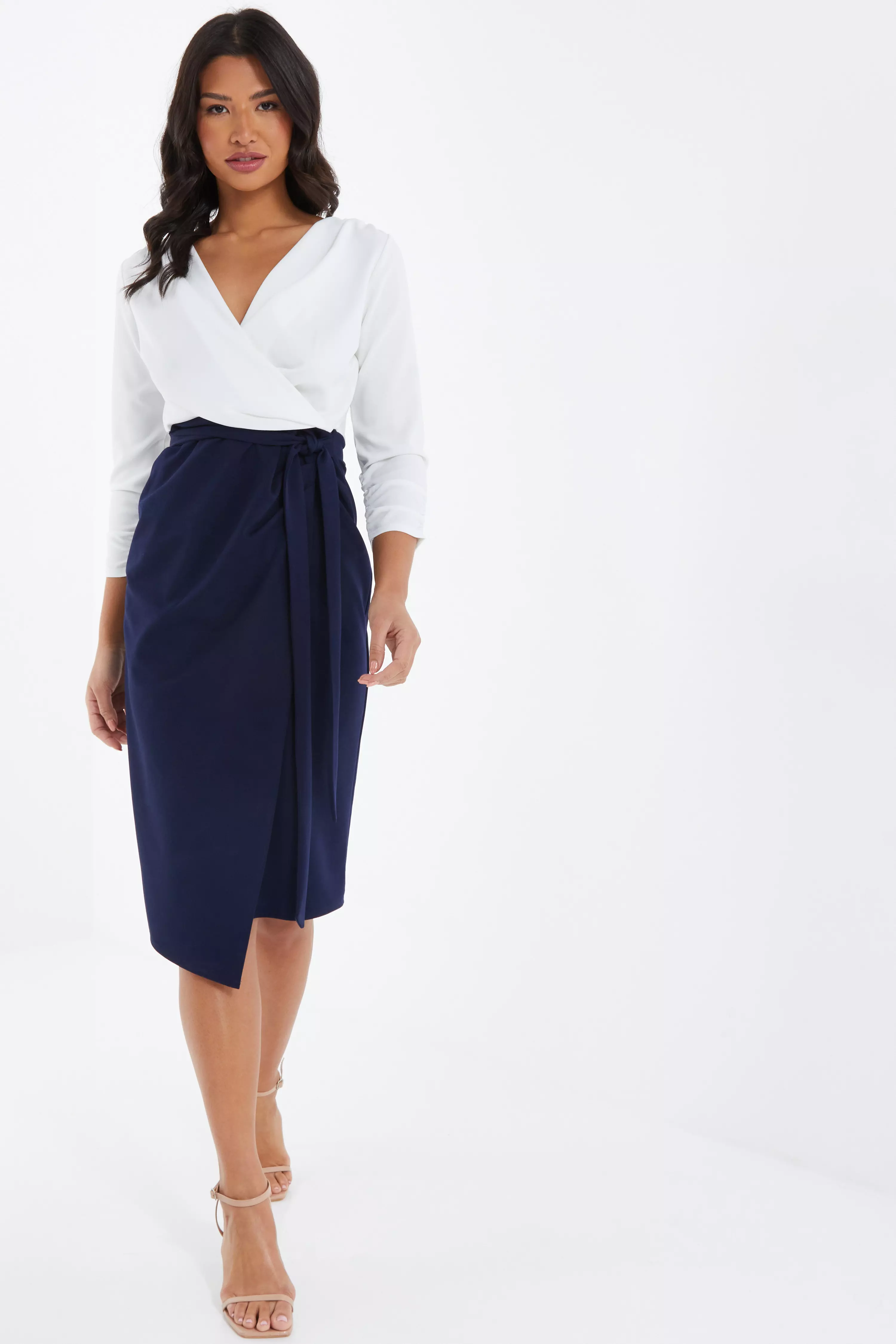 Navy Contrast Wrap Midi Dress