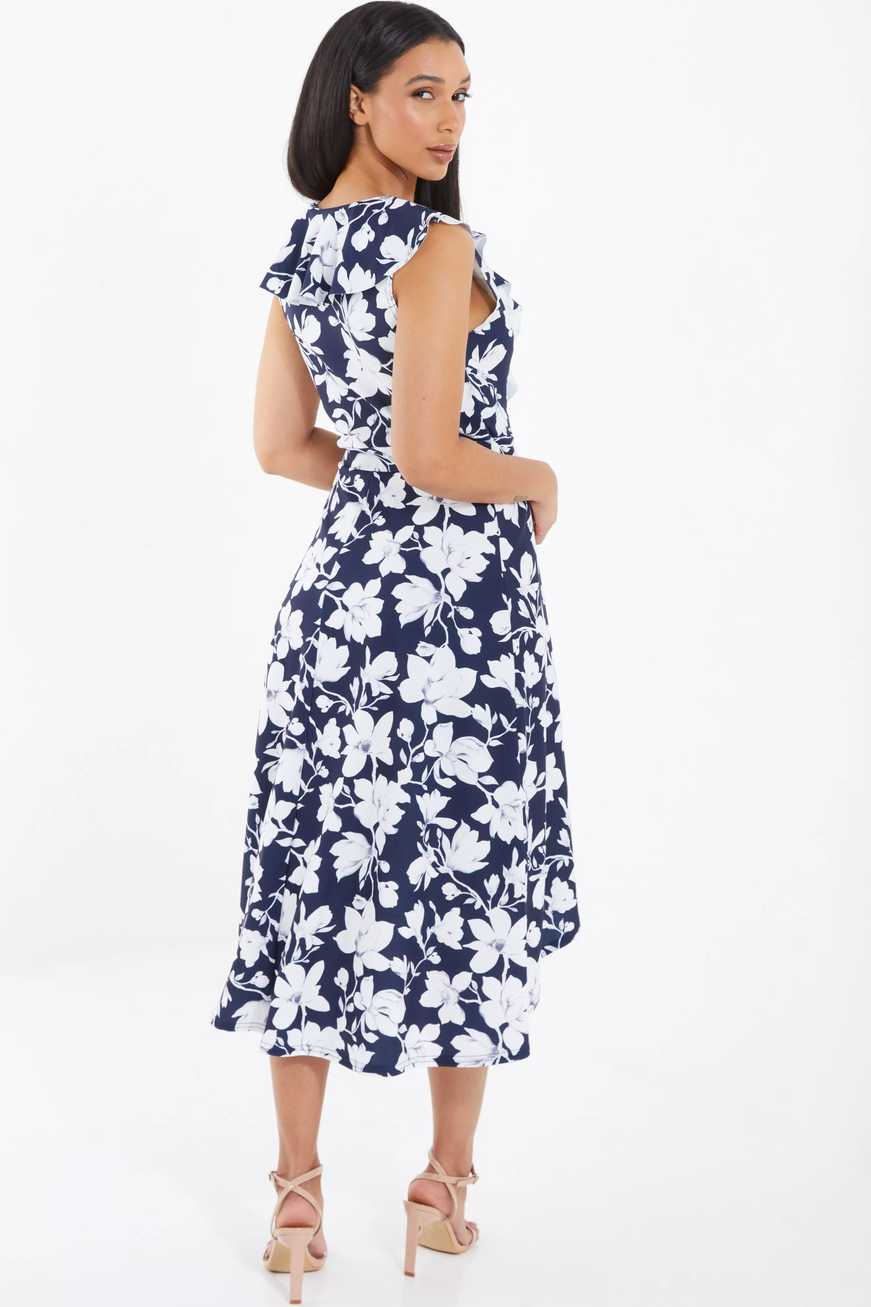 Navy Floral Dip Hem Midi Dress