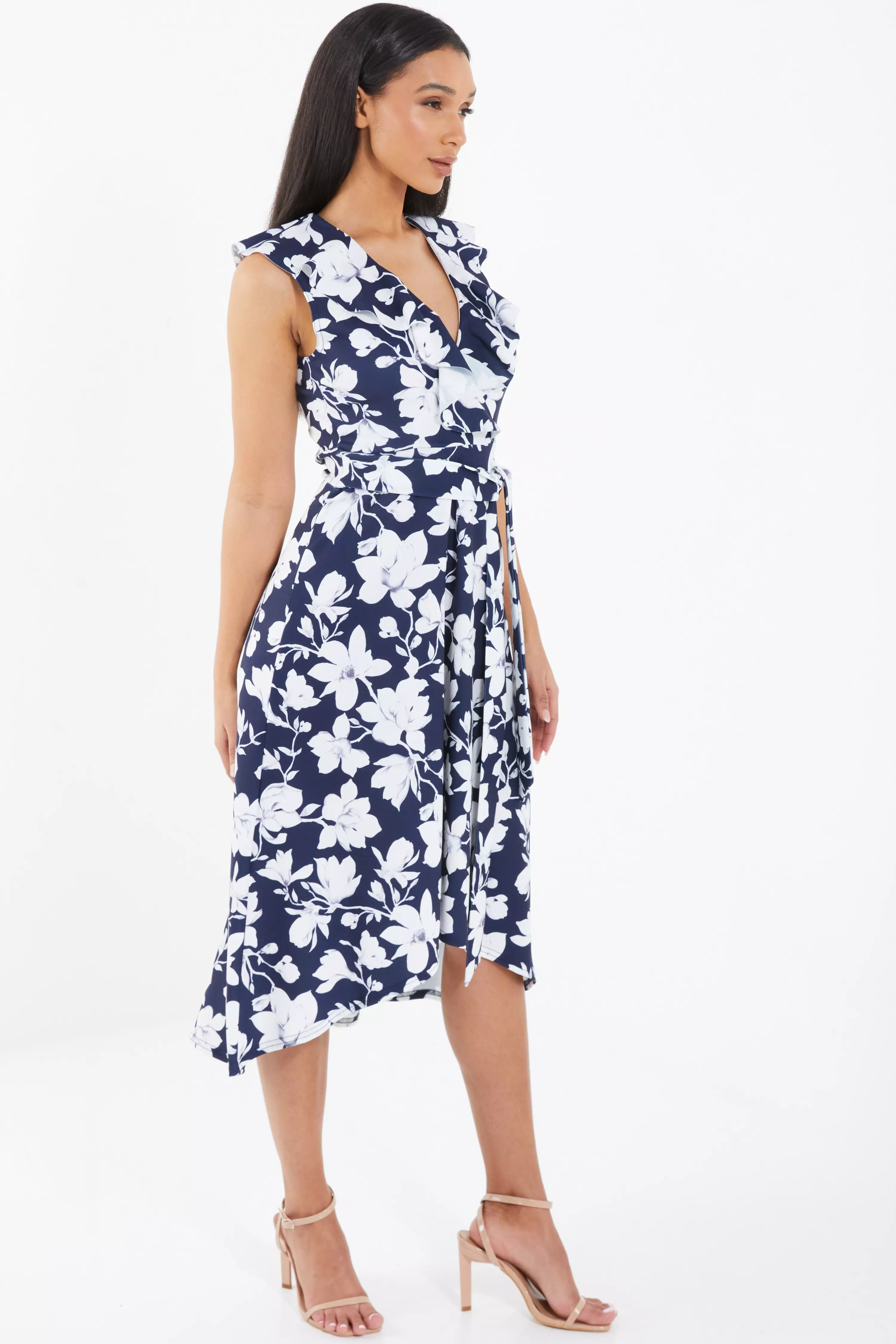 Navy Floral Dip Hem Midi Dress