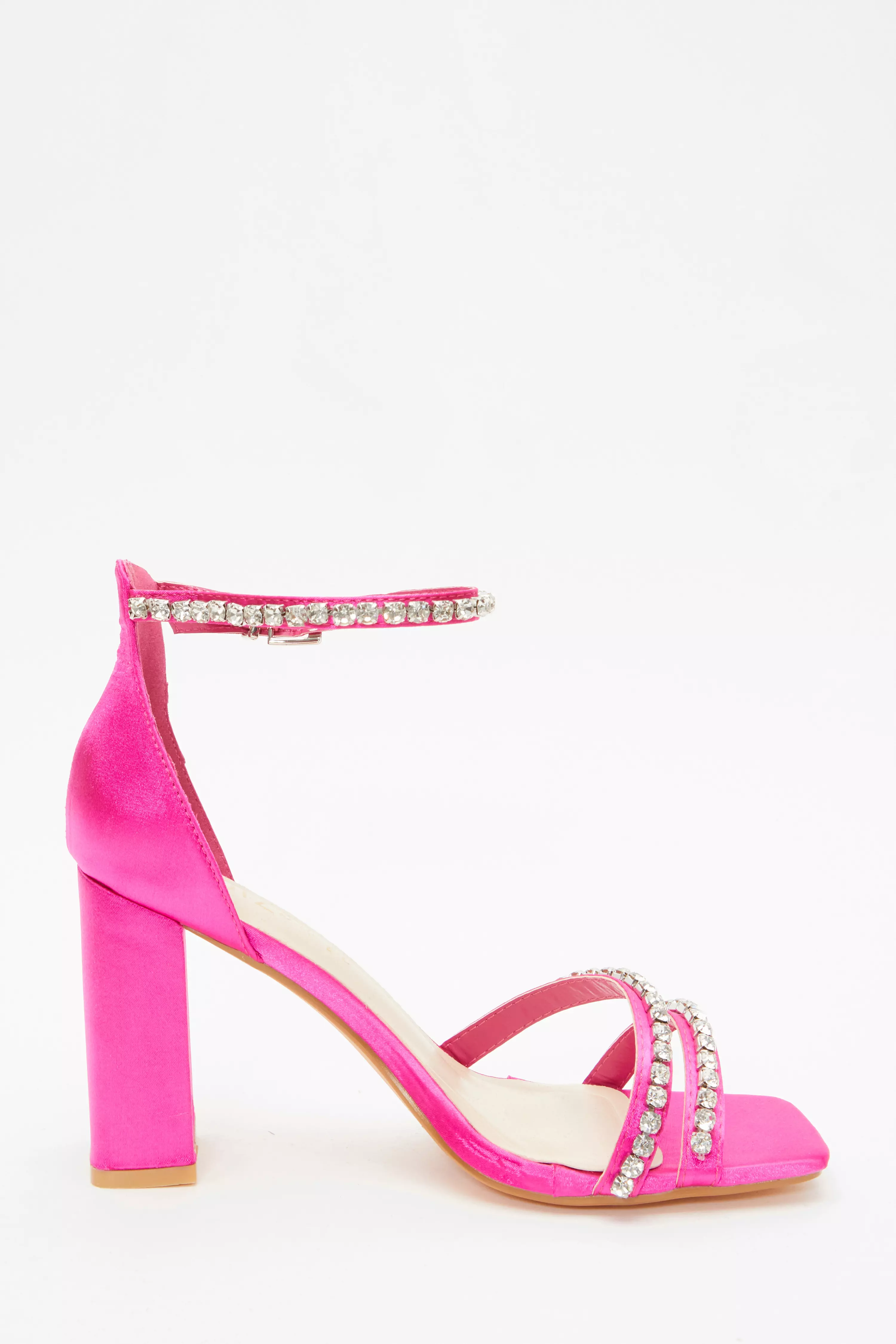 Wide Fit Pink Satin Block Heeled Sandals