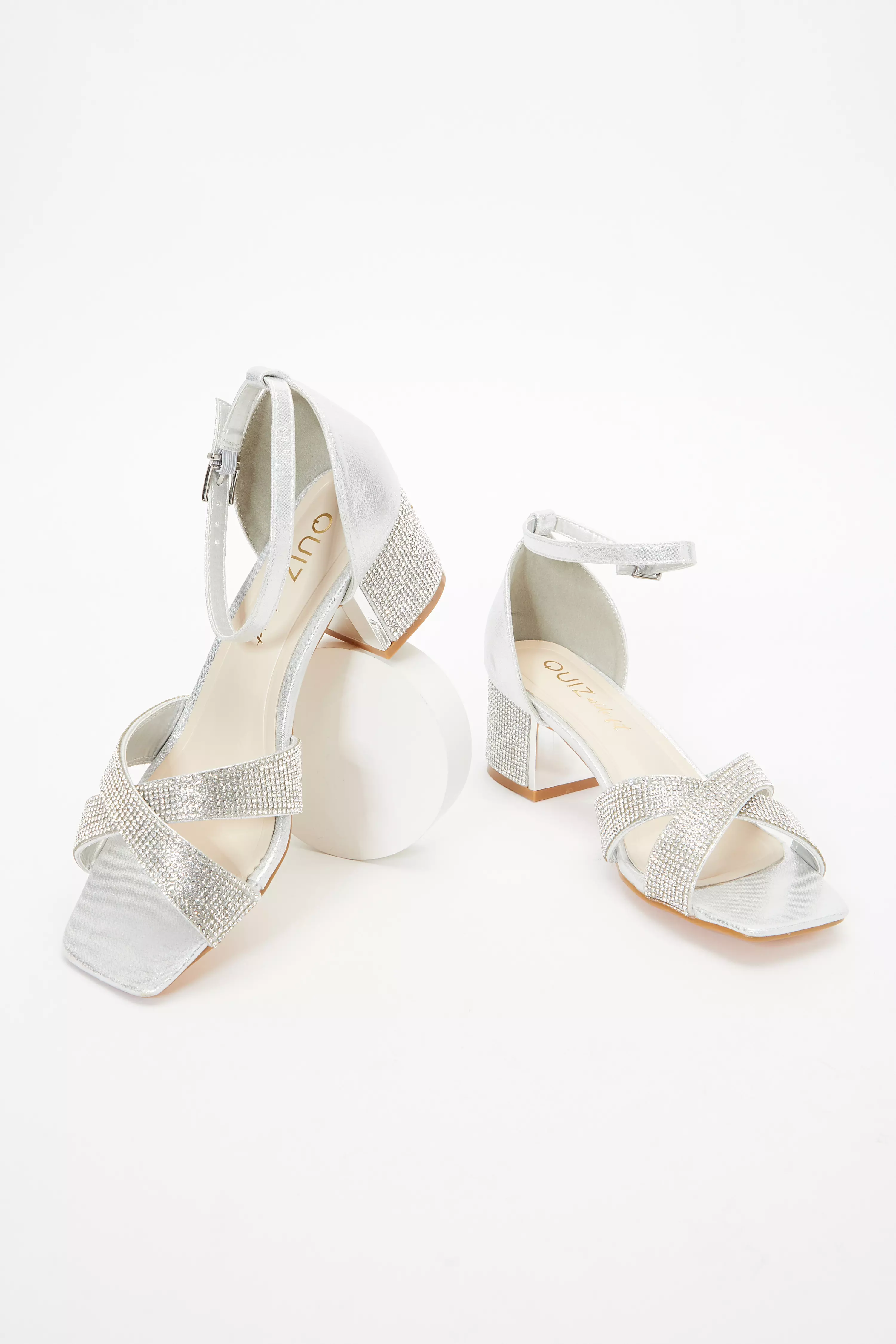 Wide Fit Silver Shimmer Diamante Heeled Sandals