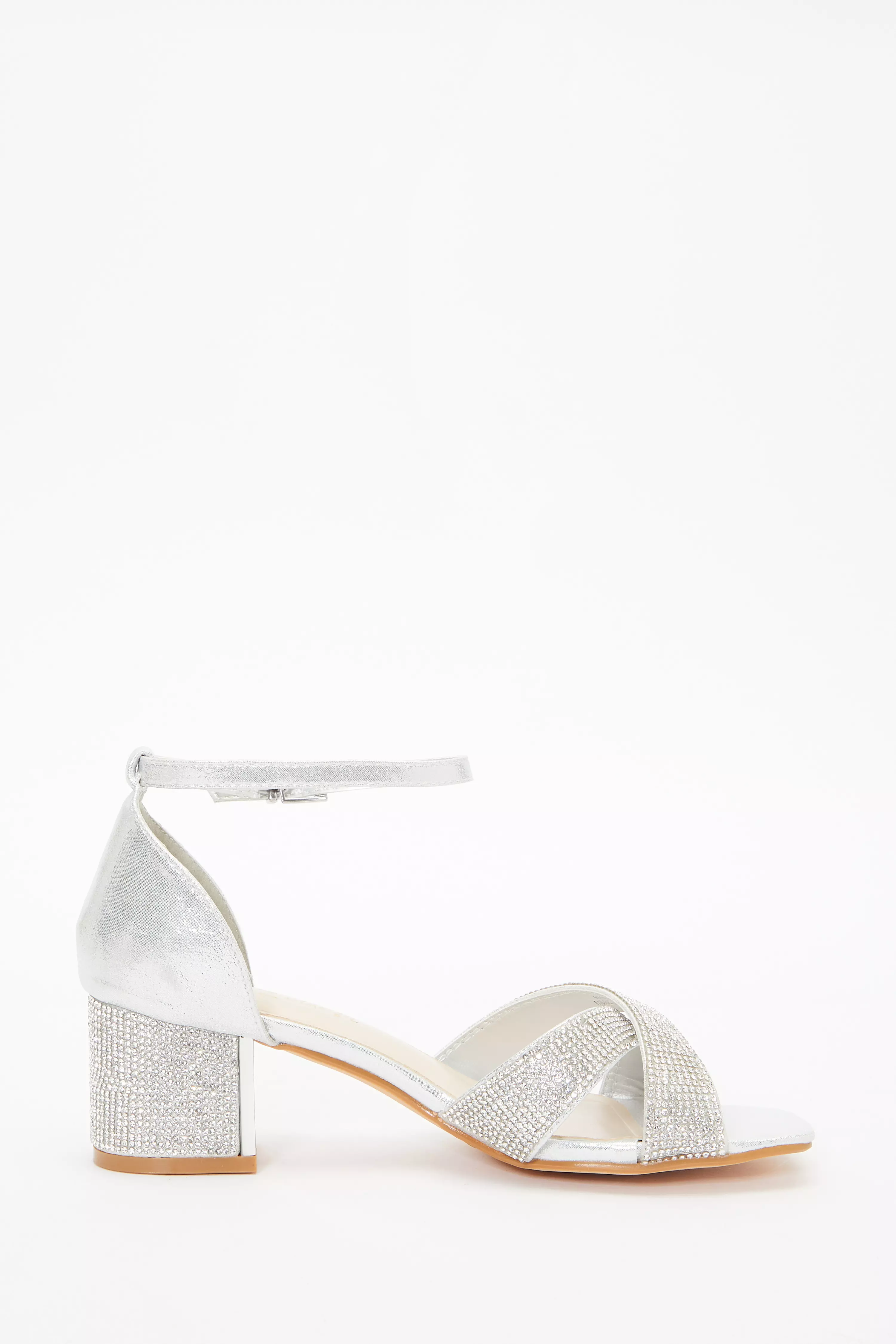 Wide Fit Silver Shimmer Diamante Heeled Sandals