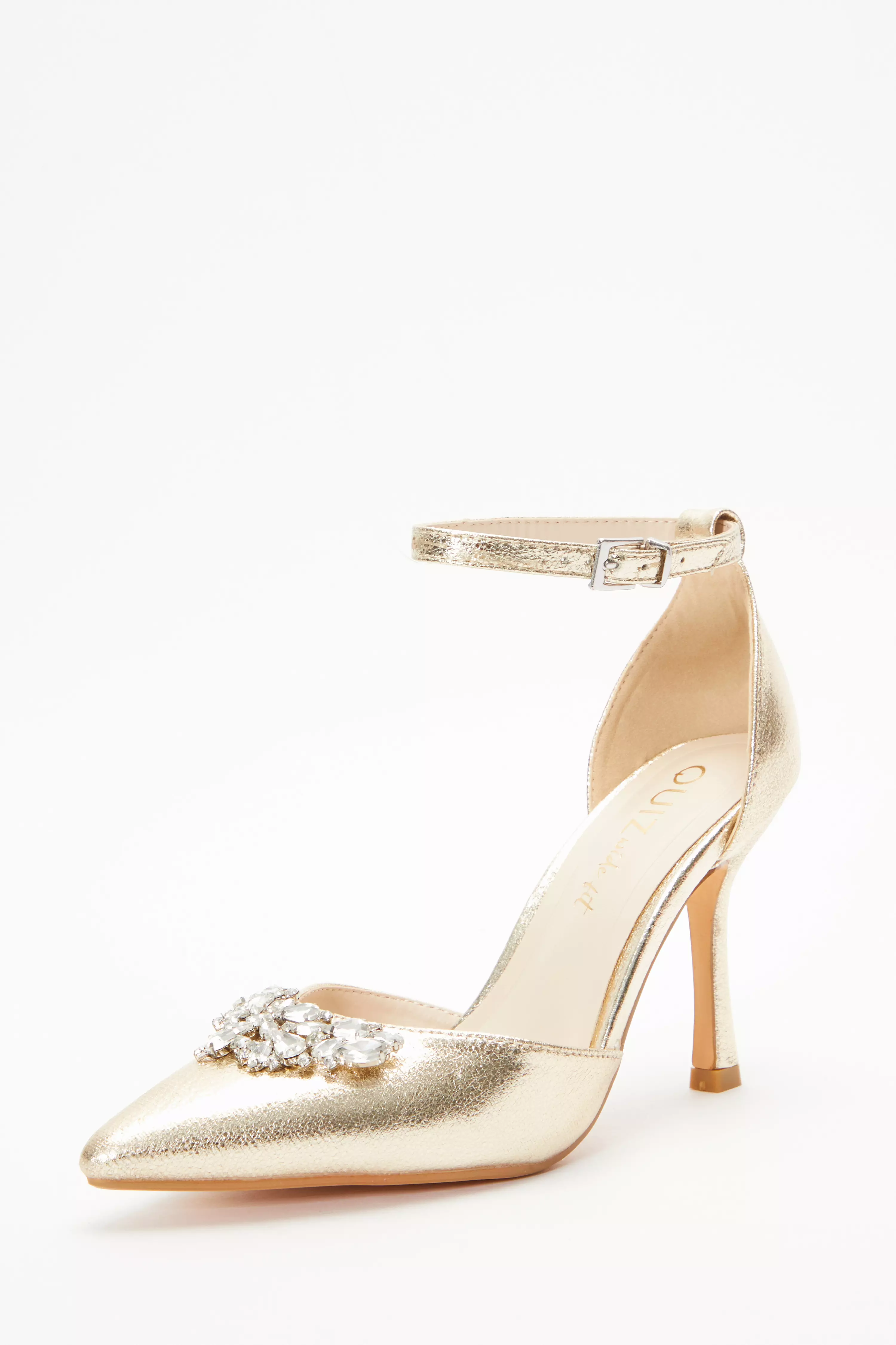 Wide Fit Gold Foil Diamante Court Heels