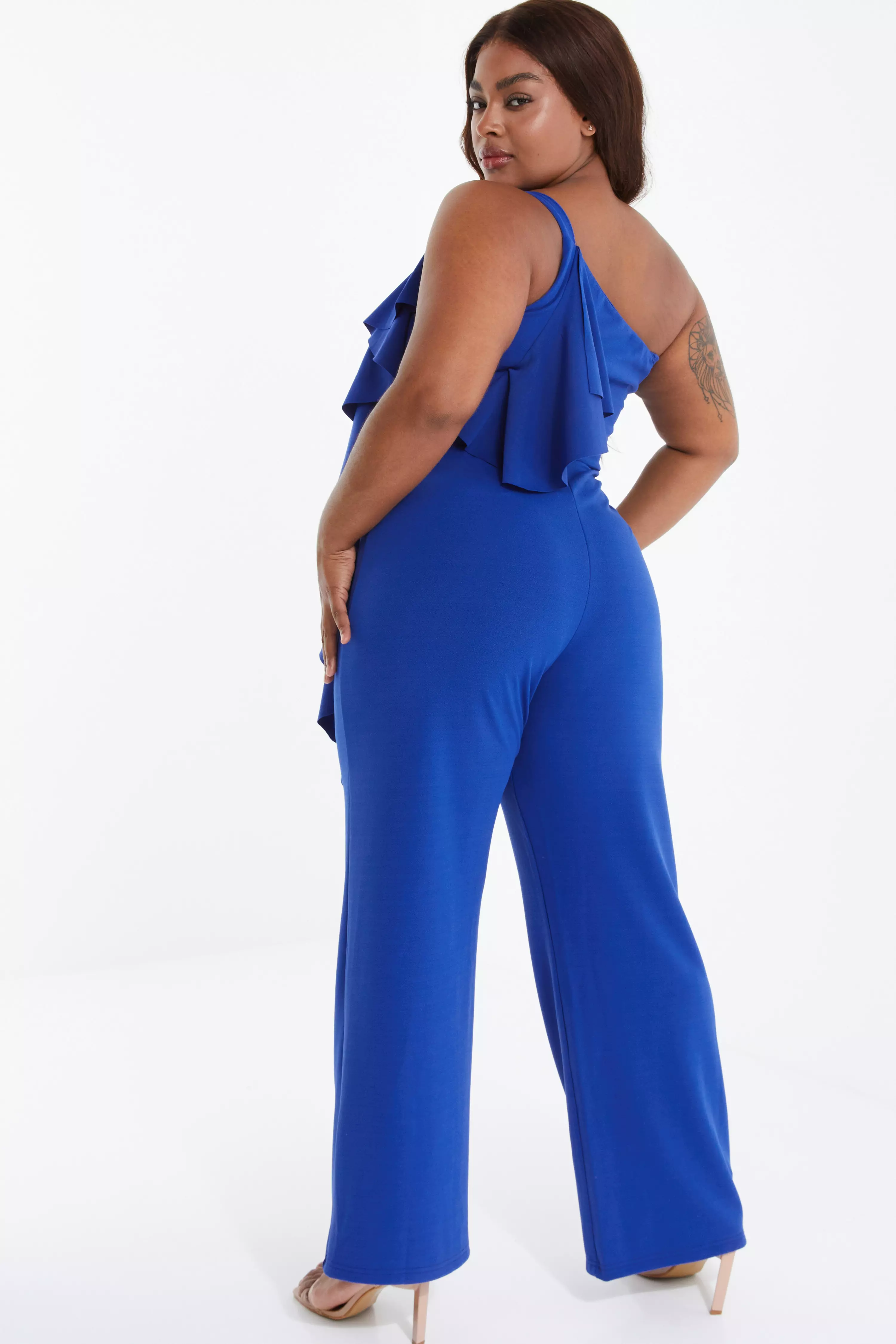 Curve Royal Blue One Shoulder Frill Palazzo Jumpsuit