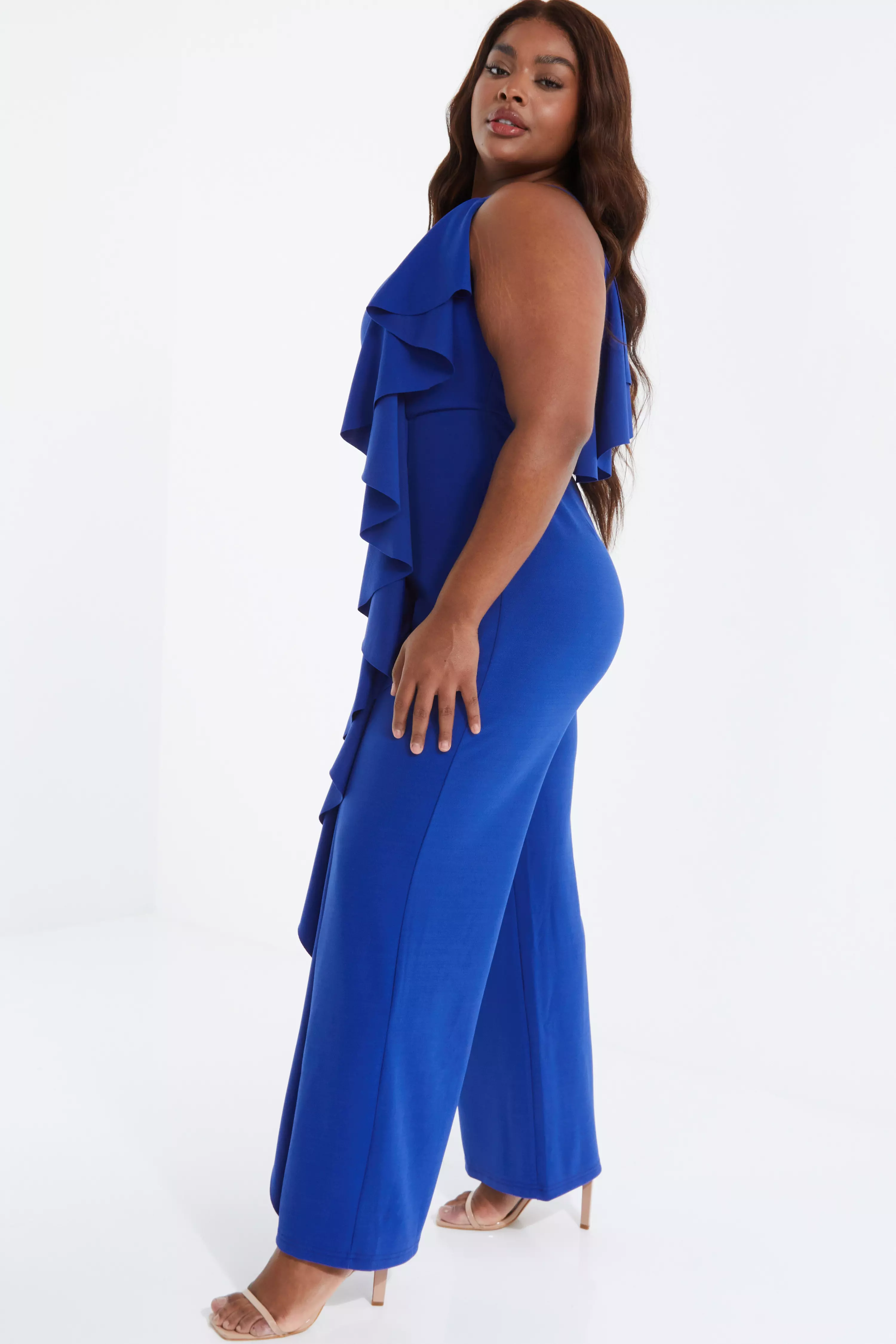 Curve Royal Blue One Shoulder Frill Palazzo Jumpsuit