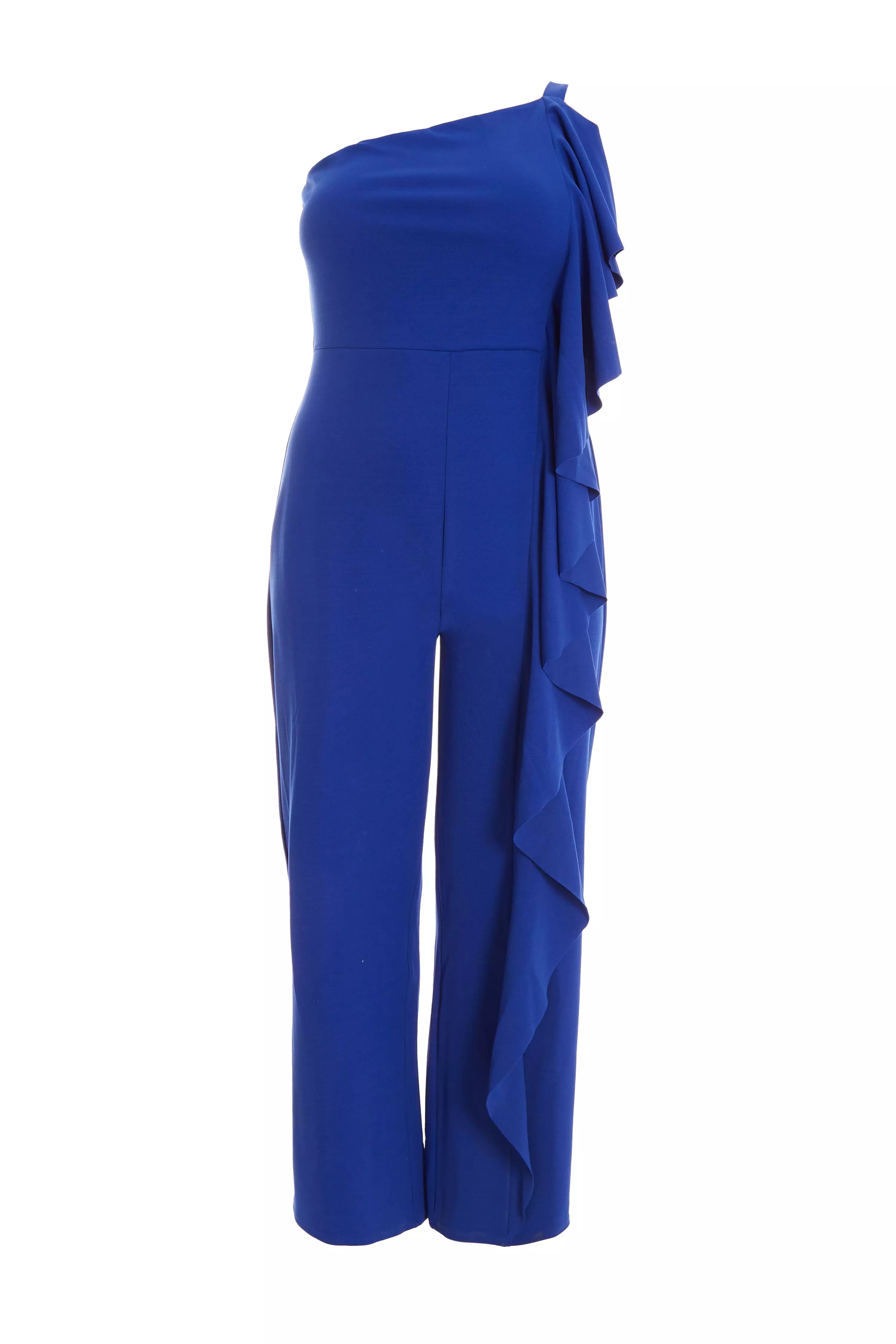 Curve Royal Blue One Shoulder Frill Palazzo Jumpsuit